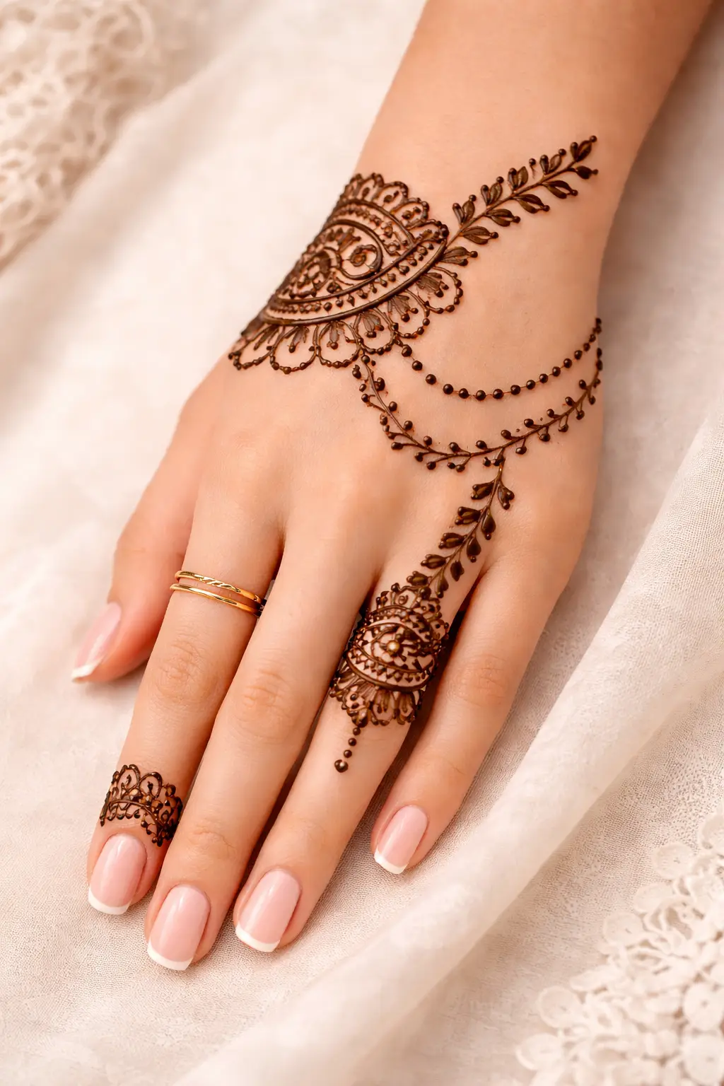 Minimal mandala chain back hand mehndi design with delicate finger motif
