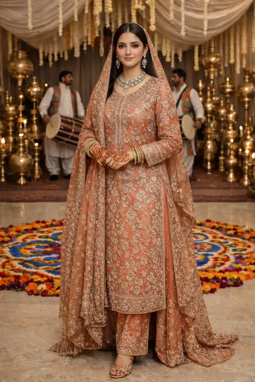 Dusty rose heavy embroidered bridal mehndi dress straight suit
