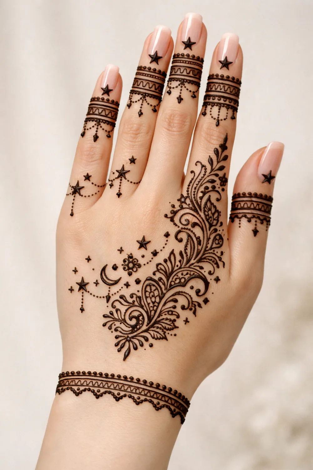 starry crescent paisley eid mehndi design modern style