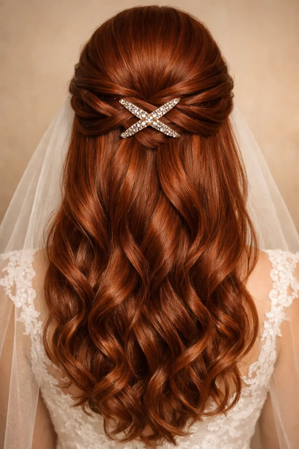 copper waves half up half down wedding hairstyle with hair clip