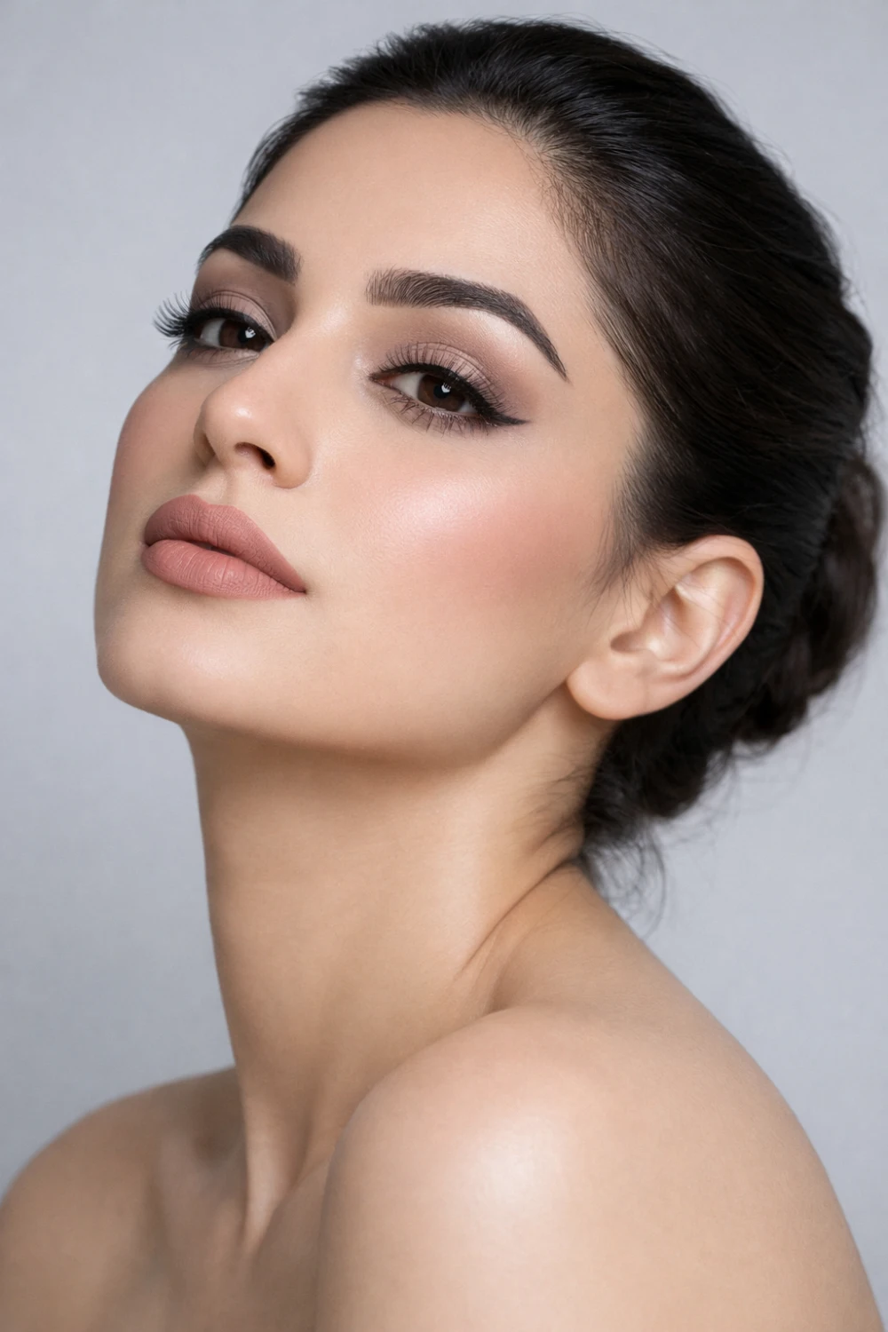 Beige full glam makeup look with neutral beige eyeshadow, soft dramatic lashes, clean wing liner, matte sculpted skin, and muted nude lips