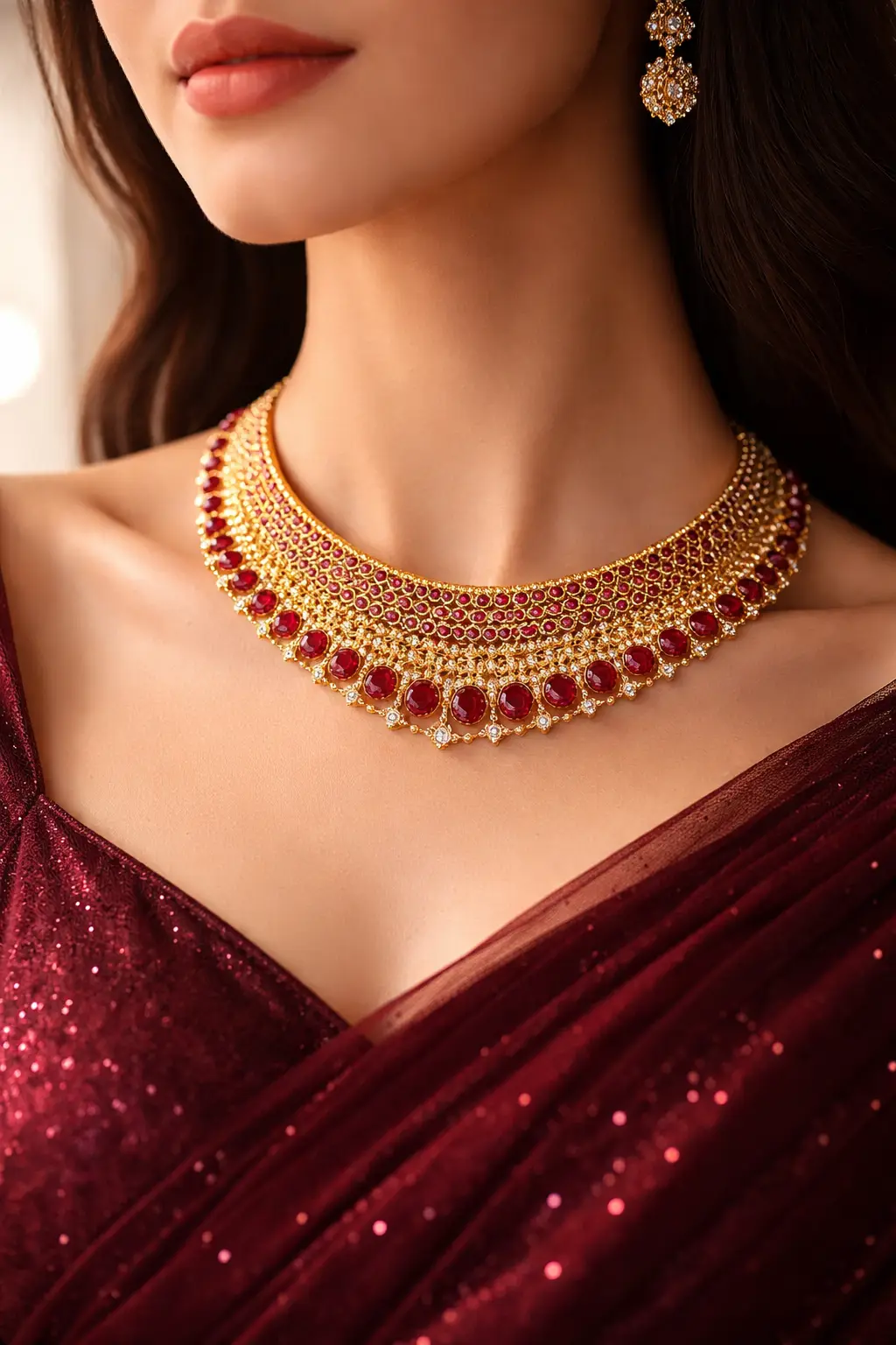 Heavy gold ruby bridal choker necklace design with intricate traditional detailing