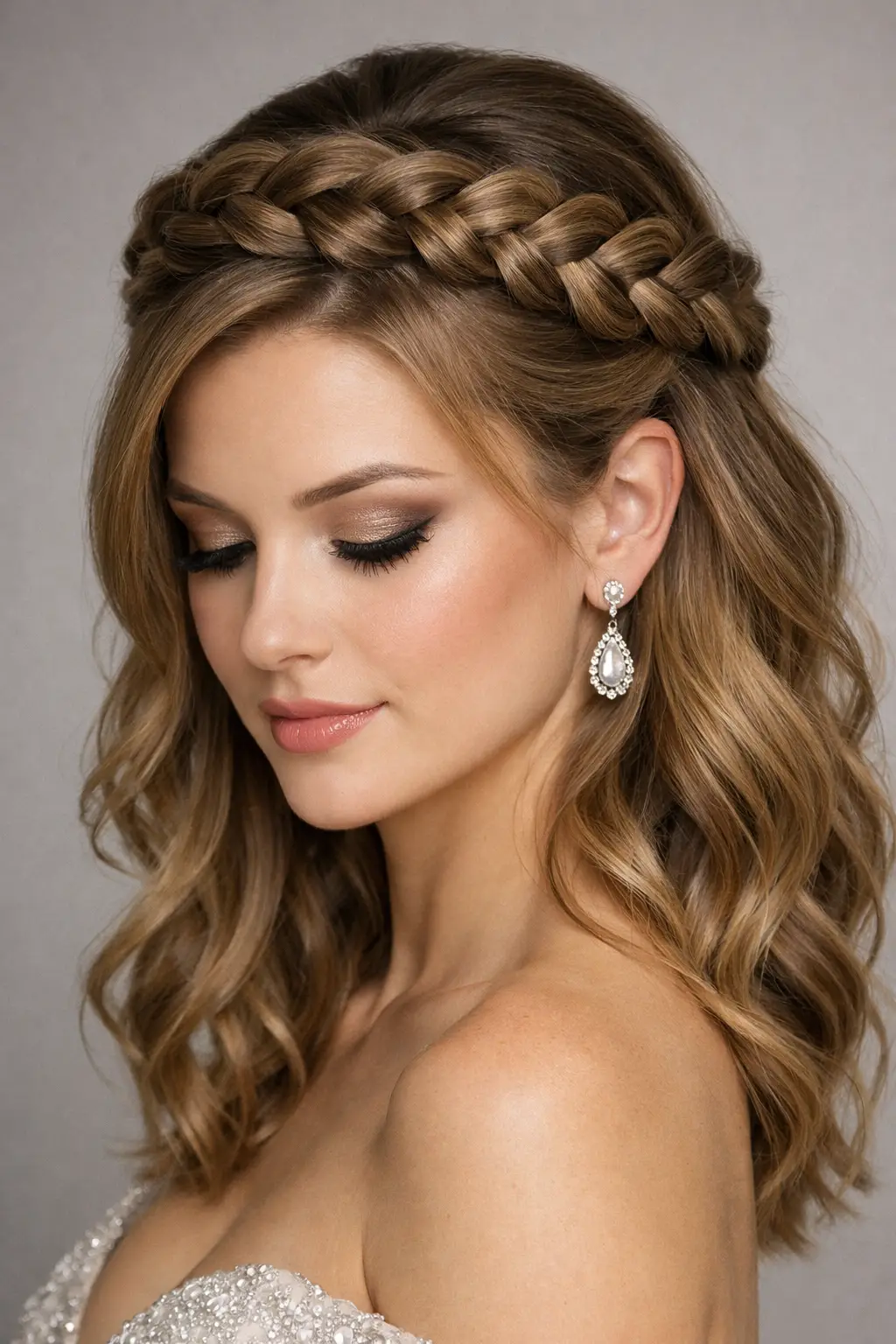Crown braid hairstyle on medium length hair with loose soft curls for wedding and reception look