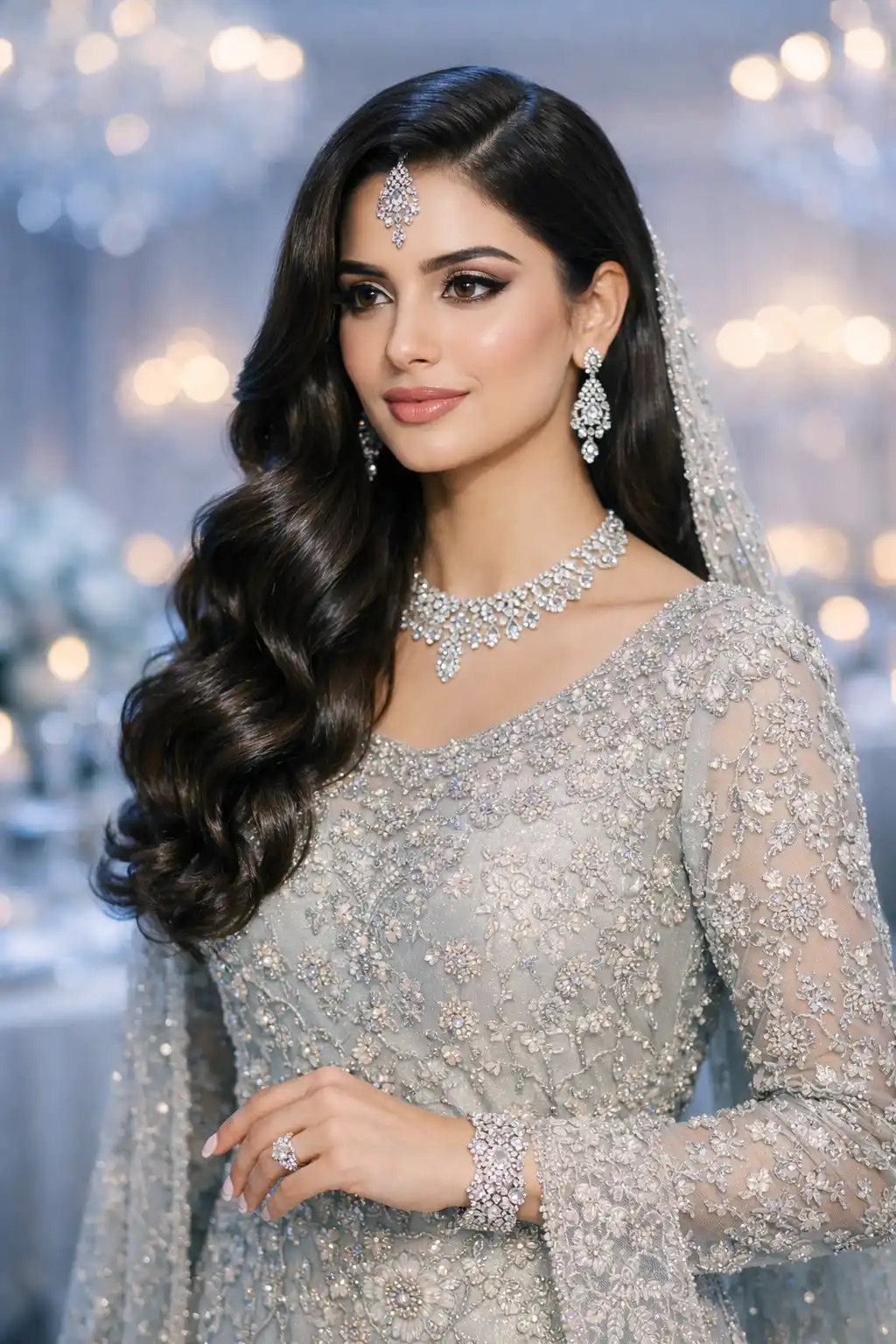 Bridal deep side part hairstyle with glossy Hollywood waves cascading over one shoulder, defined structured curls, smooth crown, and high-shine finish ideal for glam wedding looks