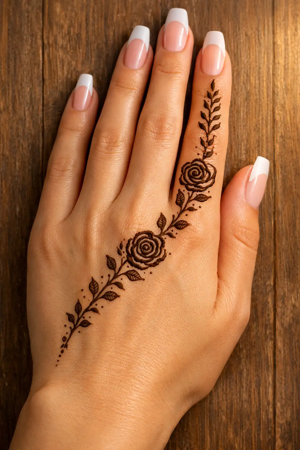 Minimal Arabic back hand mehndi design with diagonal rose vine and dotted chain