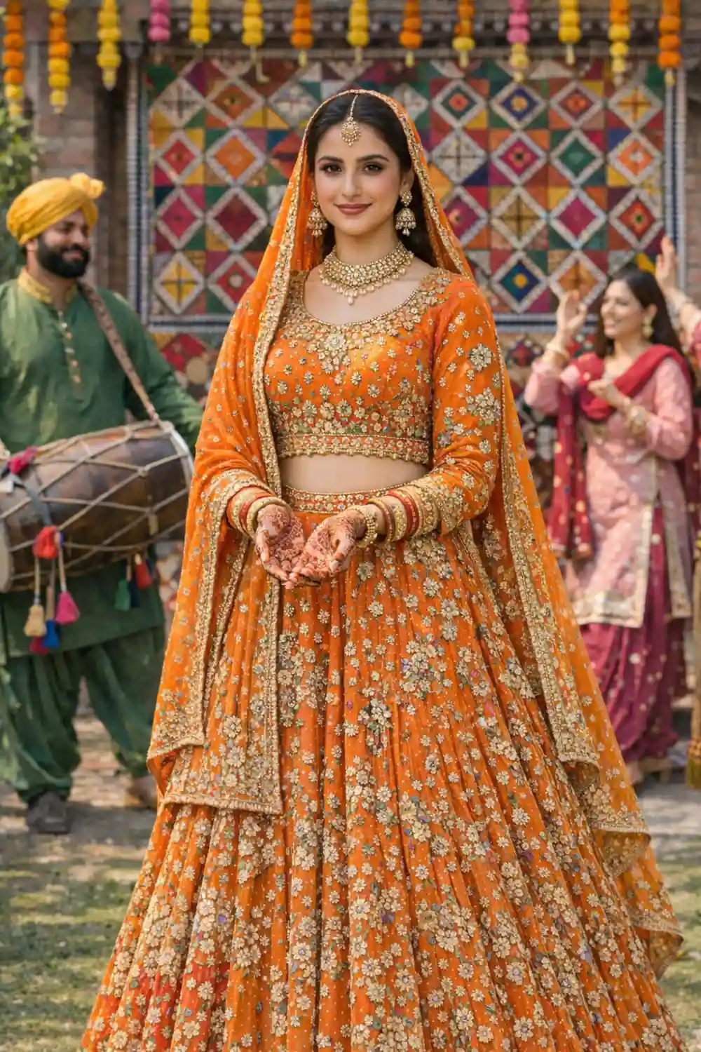 Vibrant orange heavy embroidered bridal mehndi dress lehenga for Pakistani bride