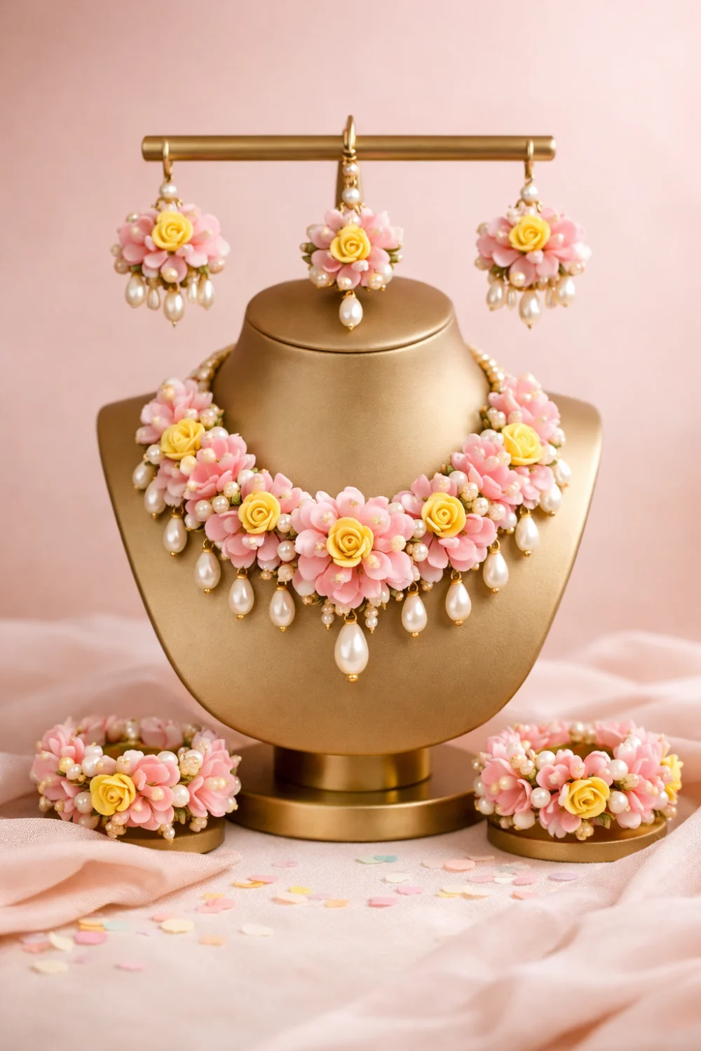 Blush pink floral bridal mehndi jewelry set with pearl drops on premium display stand