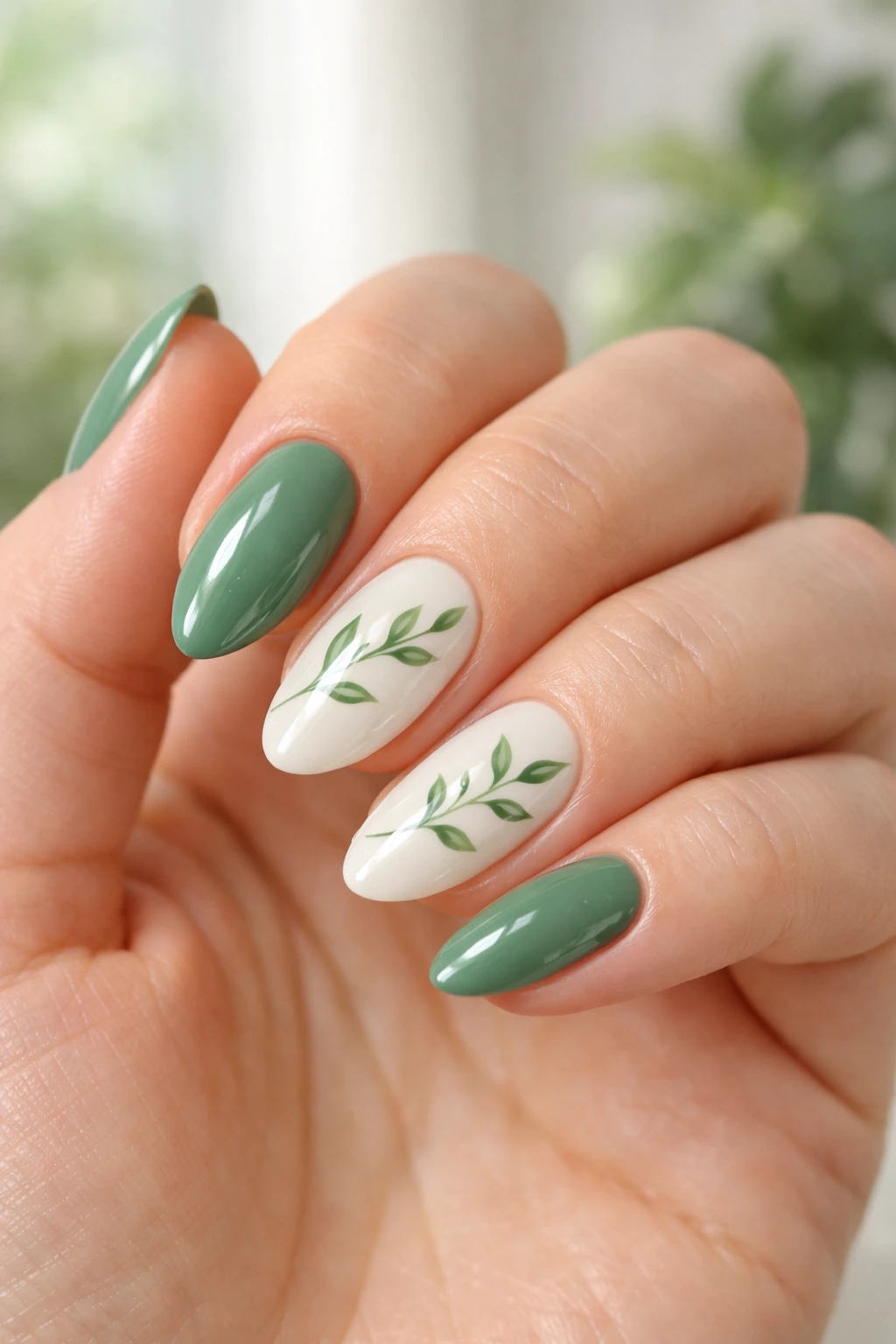Light green nails with small leaf patterns botanical nail art fresh minimal summer manicure design