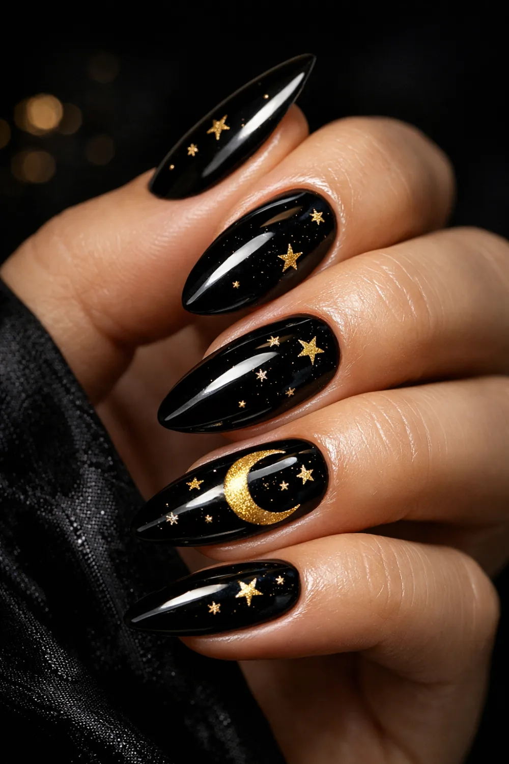black moon star eid gel nails, glossy black festive manicure with gold crescent and stars, bold pakistani eid nail design