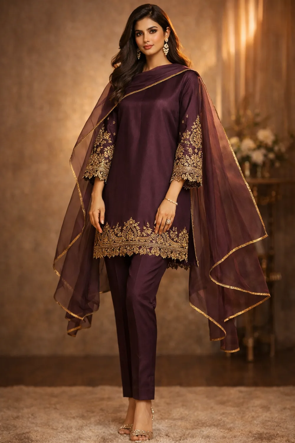 Deep maroon embroidered Eid kurta set for women with sheer dupatta and straight pants, modern Pakistani festive outfit for stylish Eid look