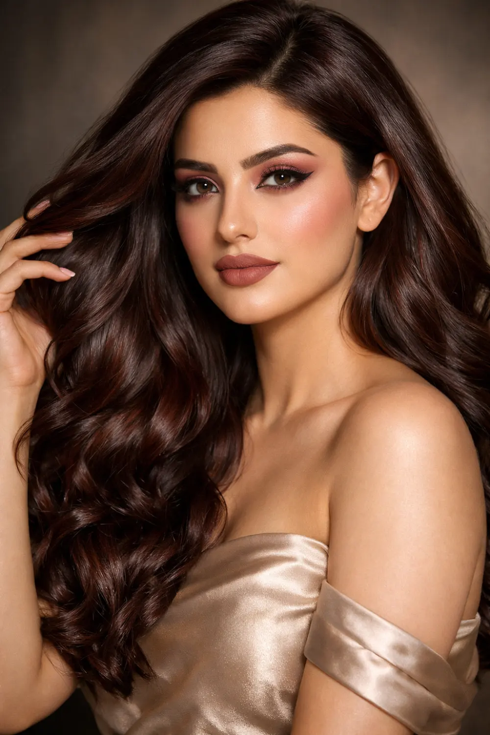 rich chocolate brown hair color glossy brunette Pakistani model long voluminous waves