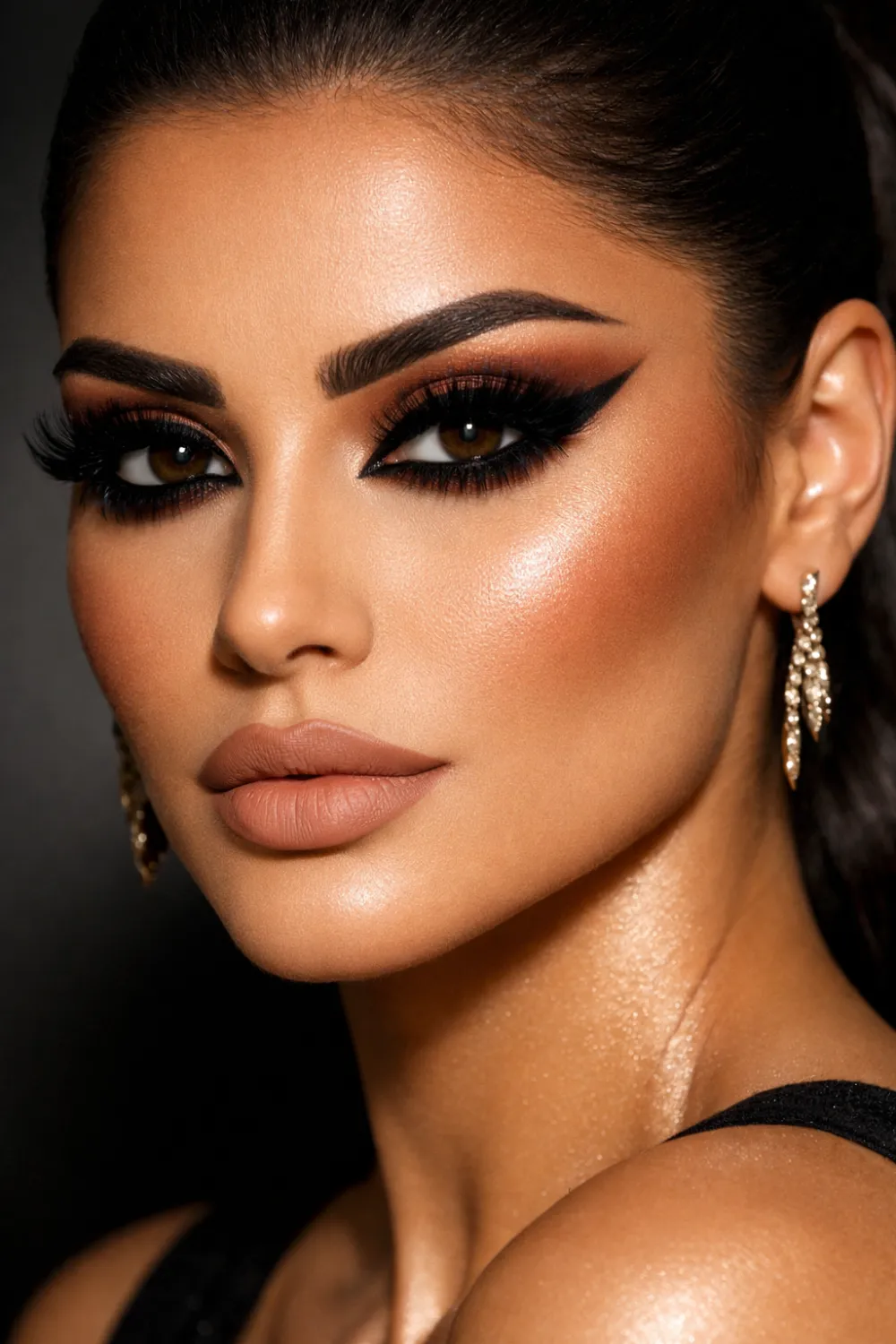 Warm bronze smokey full glam makeup look with thick dramatic lashes, bold winged eyeliner, blended bronze eyeshadow, sculpted matte complexion, and nude matte lips for evening party glam