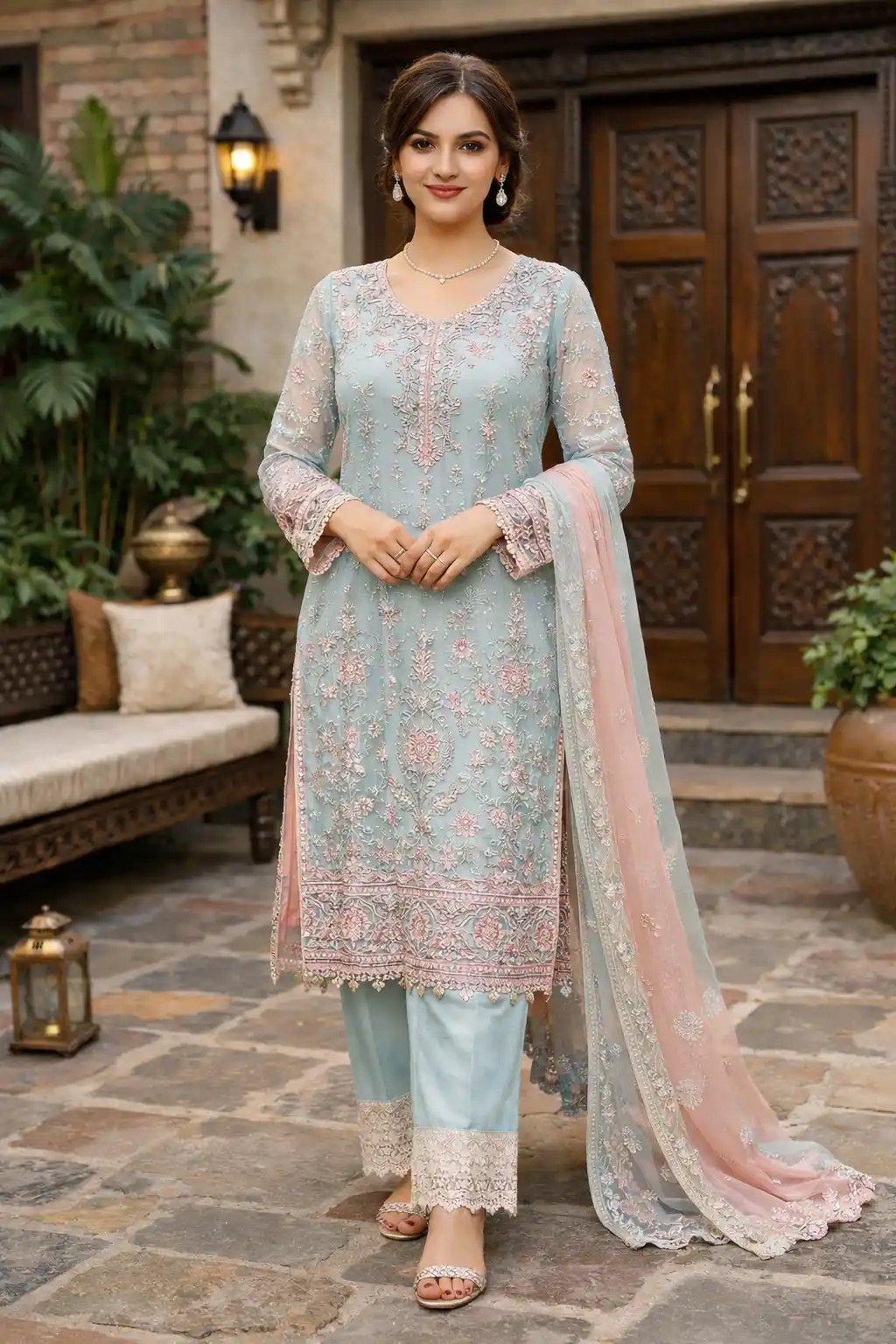 Mint green embroidered straight suit with lace details and peach dupatta simple Eid outfit for girls
