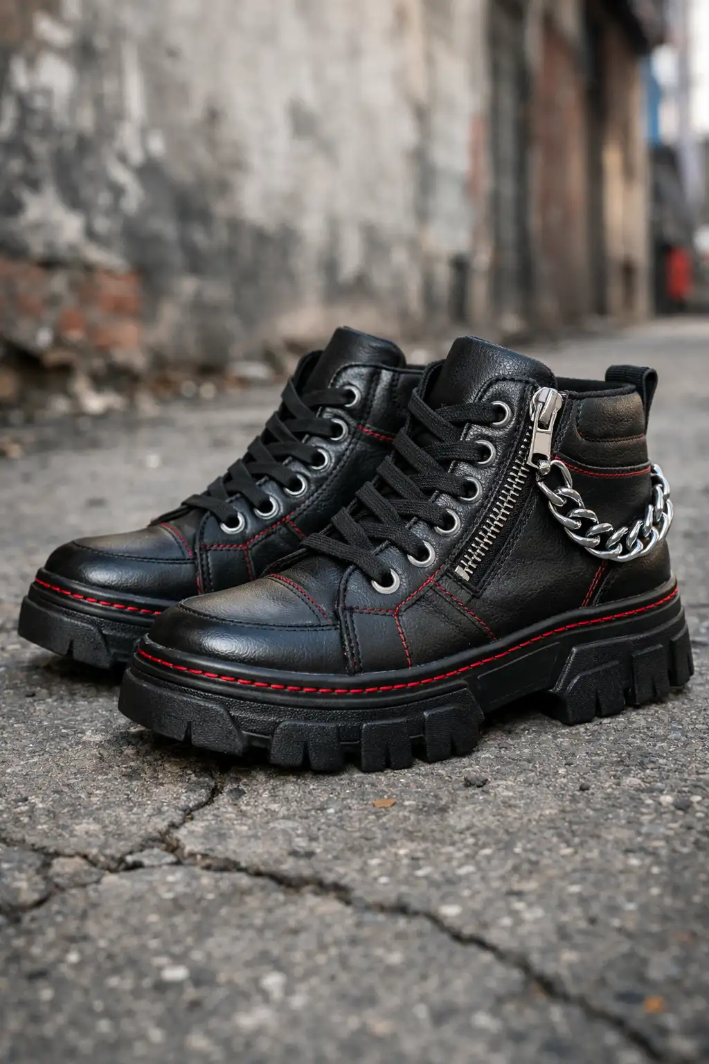 black chunky girls combat sneakers with zipper chain detail edgy street style boots outdoor setting