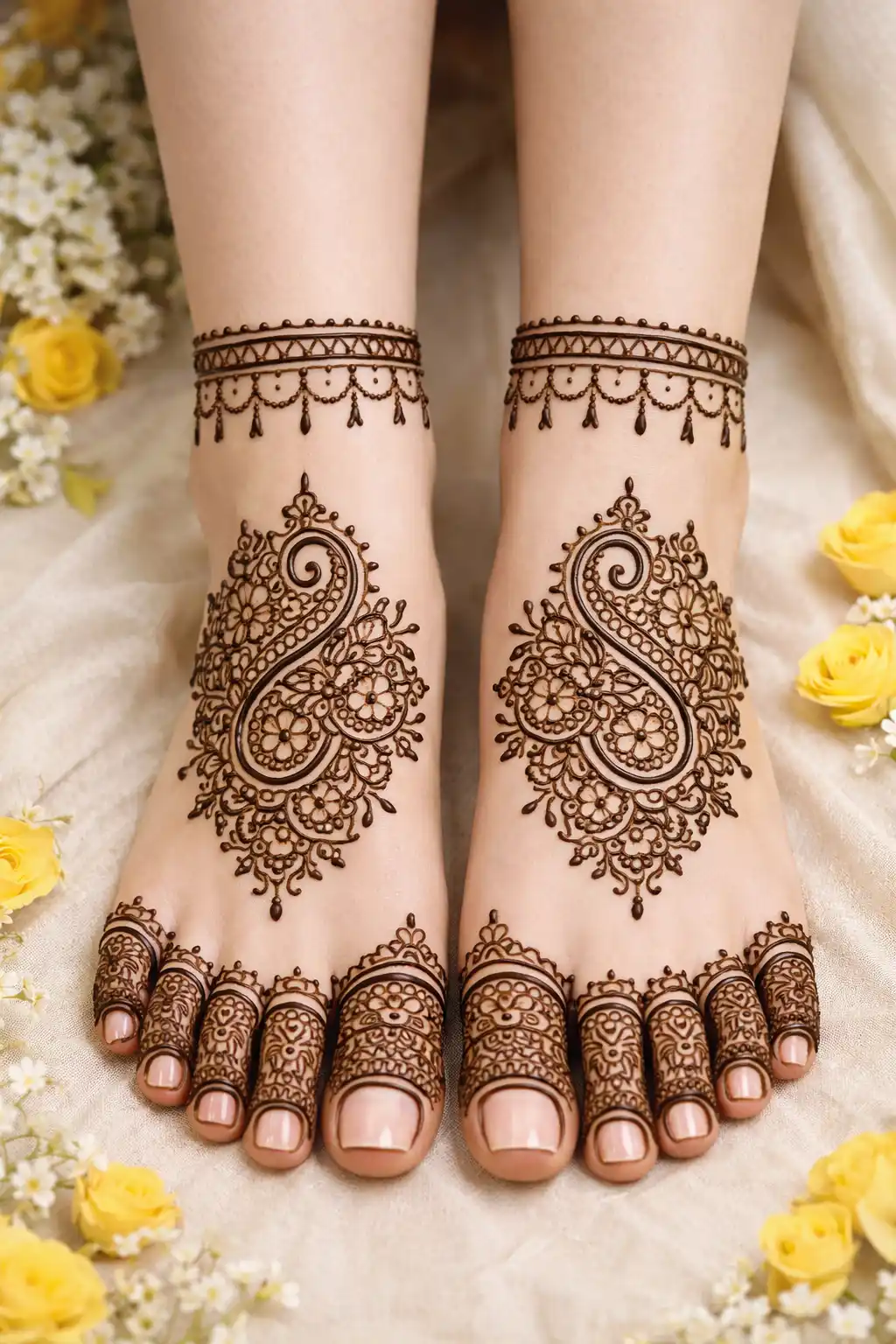 Symmetrical paisley foot mehndi design with anklet style pattern