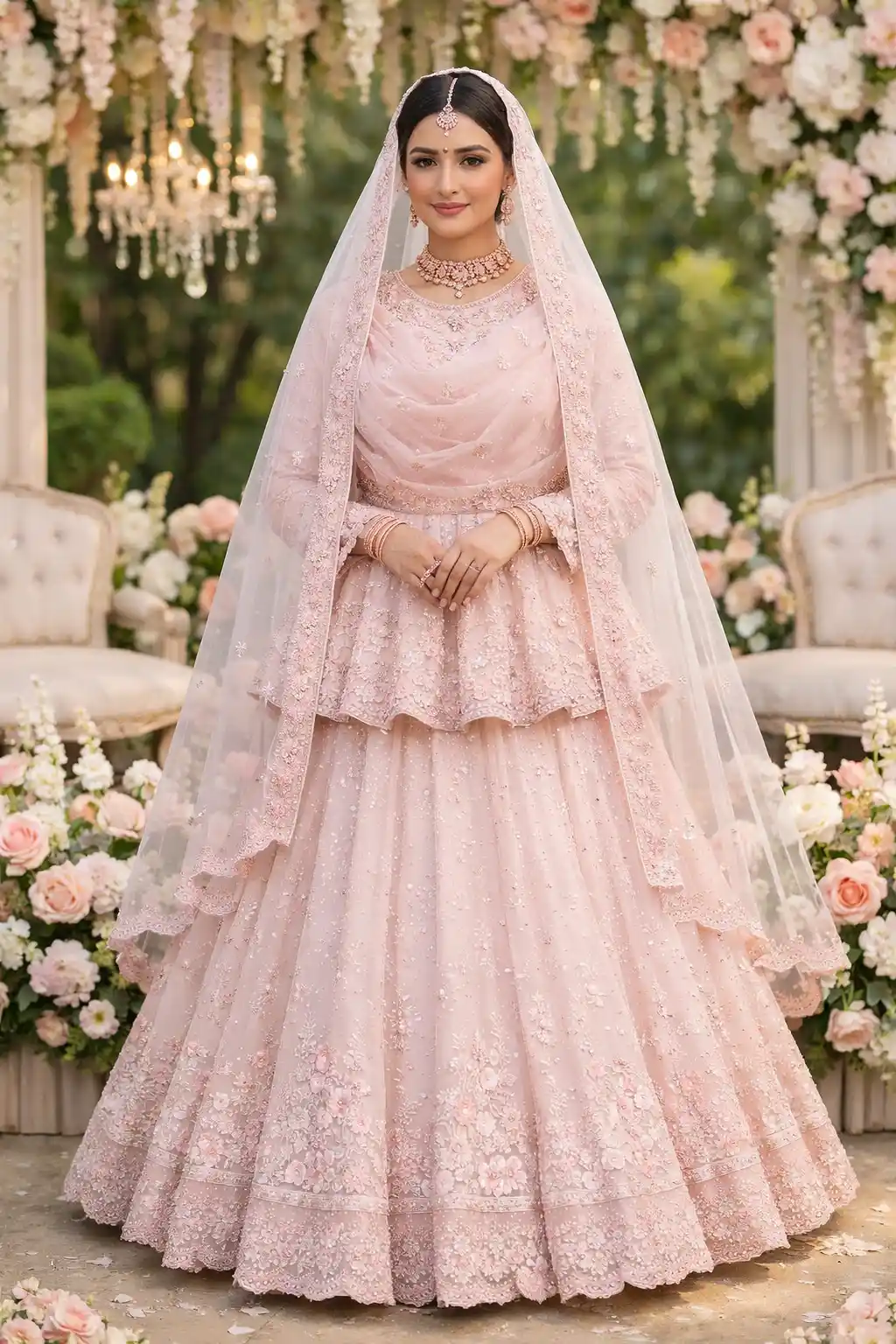 soft blush pink pastel bridal lehenga with delicate embroidery and sheer dupatta outdoor wedding style