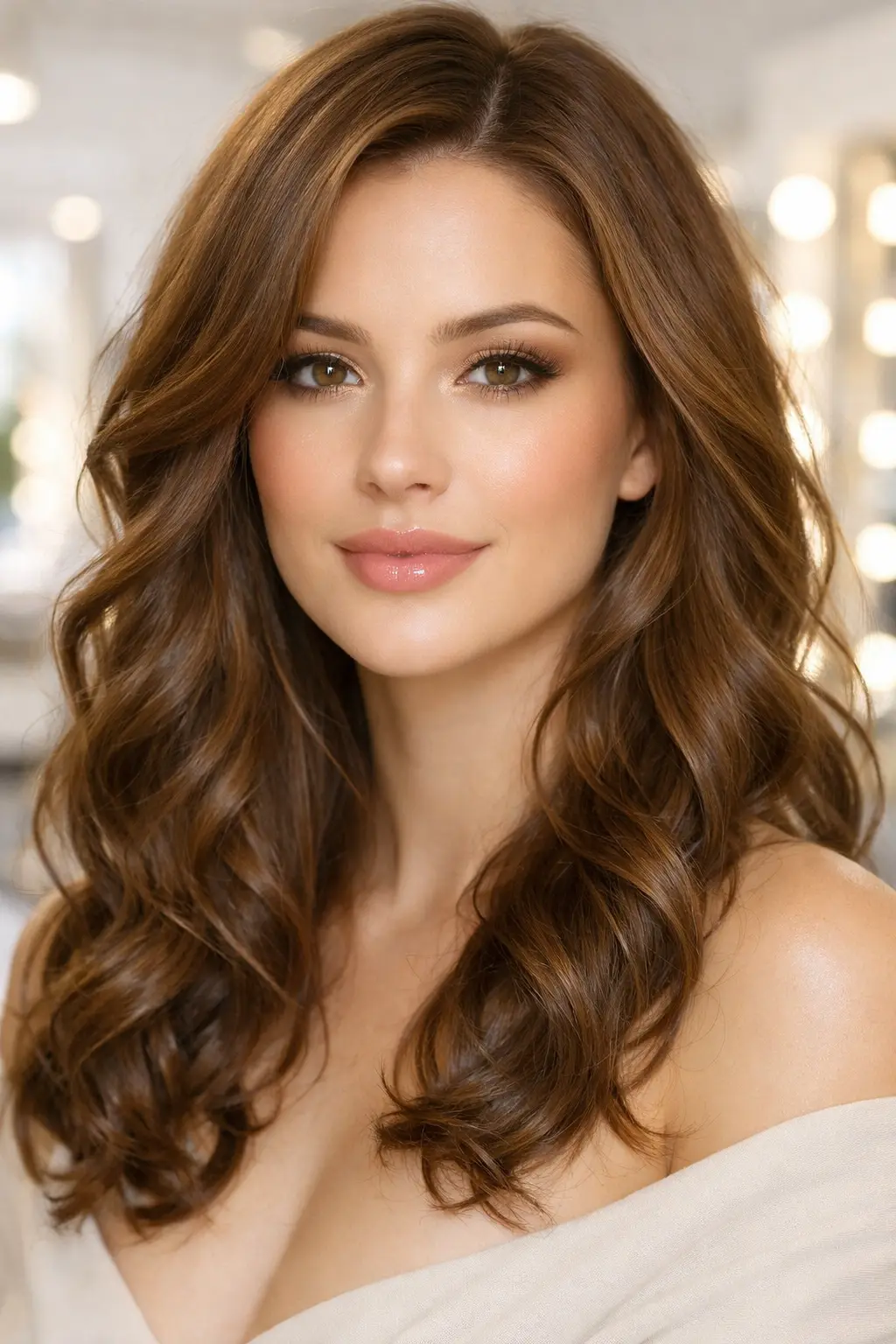 Warm caramel brown wavy hair color with soft curls and golden shine medium skin tone