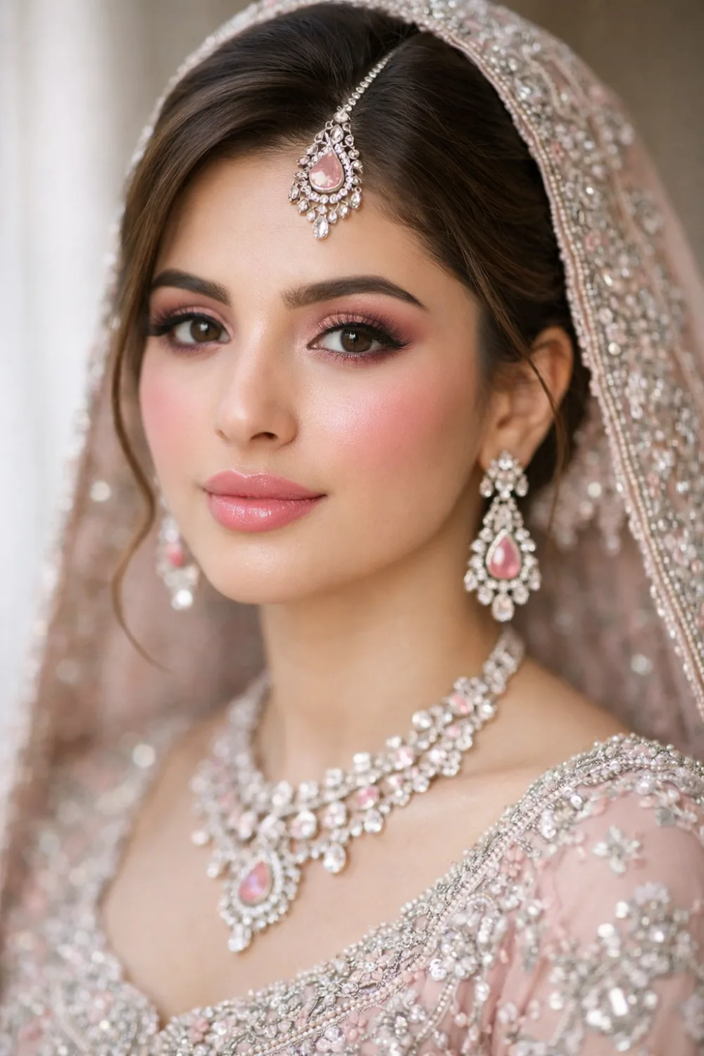 rosy pink bridal glam makeup look with soft blush glow
