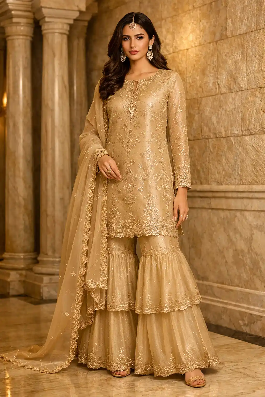 Gold embroidered royal sharara set with double flare
