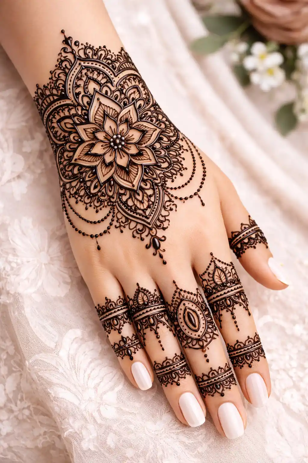 Grand bridal mandala back hand mehndi design with heavy finger bands