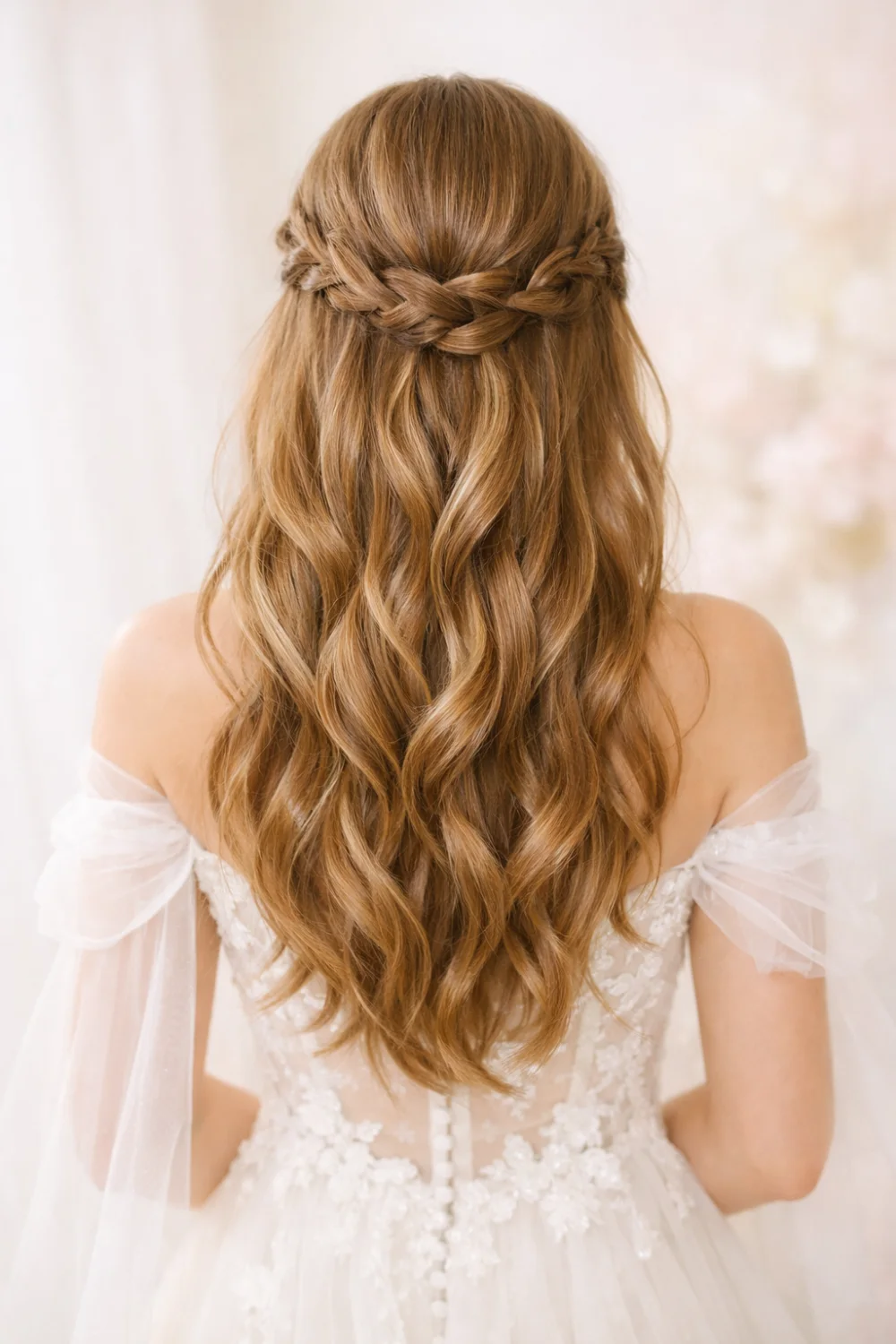 classic braided half up half down wedding hairstyle with soft waves