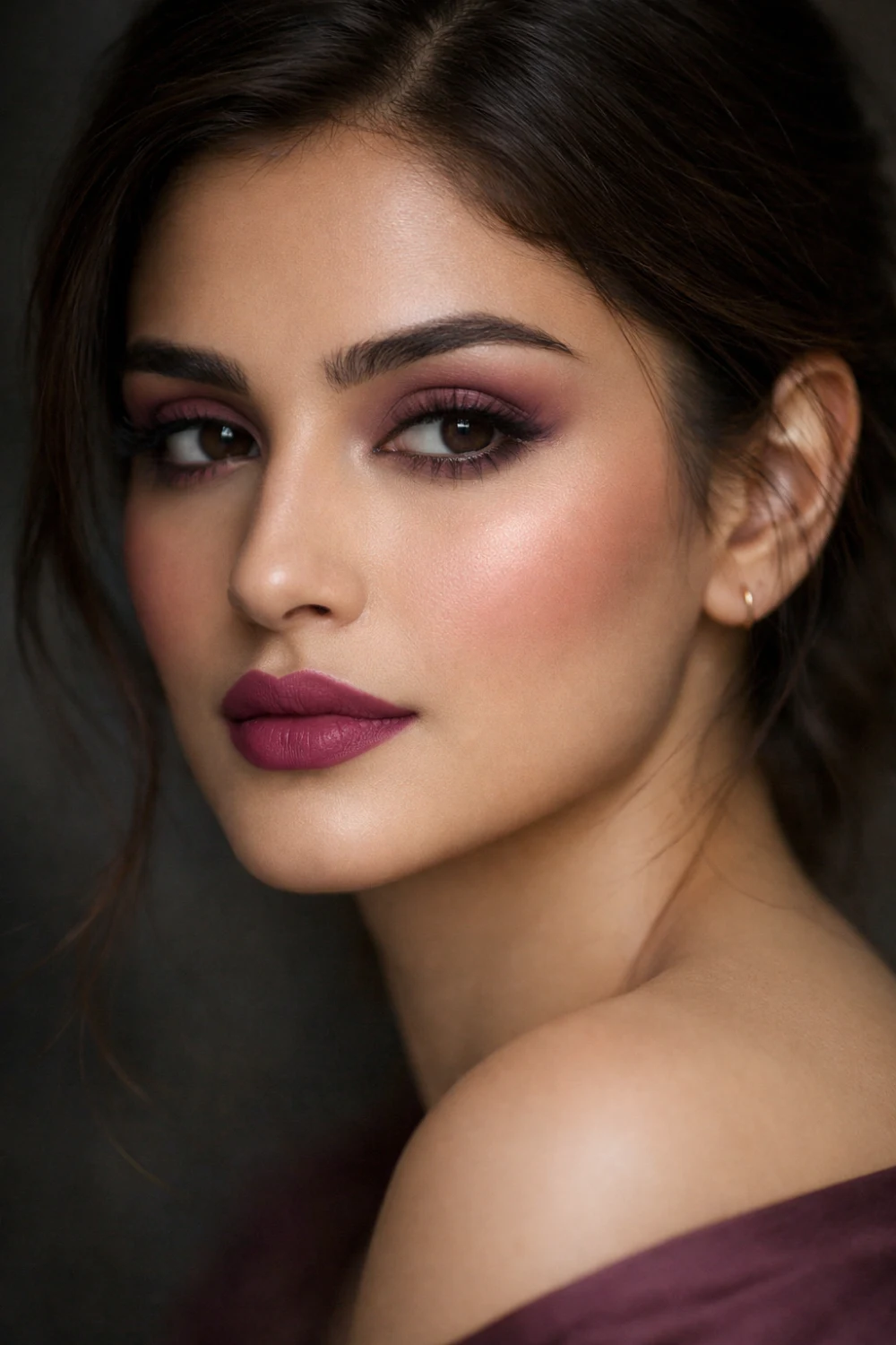 Plum rose full glam evening makeup with rose plum eyeshadow, bold lashes, winged liner, flawless matte skin, and muted plum lips