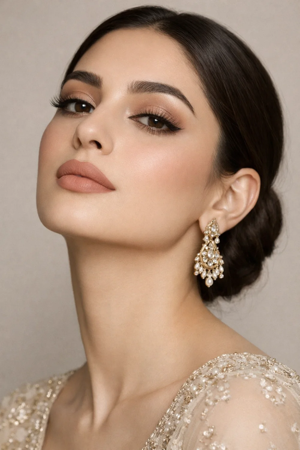 Bridal nude full glam makeup with champagne eyeshadow, dramatic lashes, sharp wing liner, flawless bridal skin, and creamy nude lips