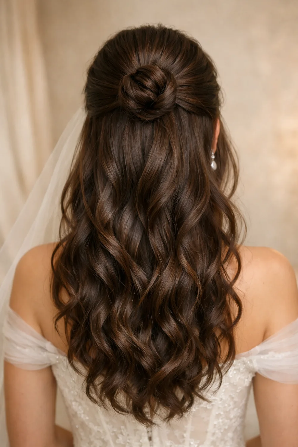 mini twisted bun half up half down wedding hairstyle back view