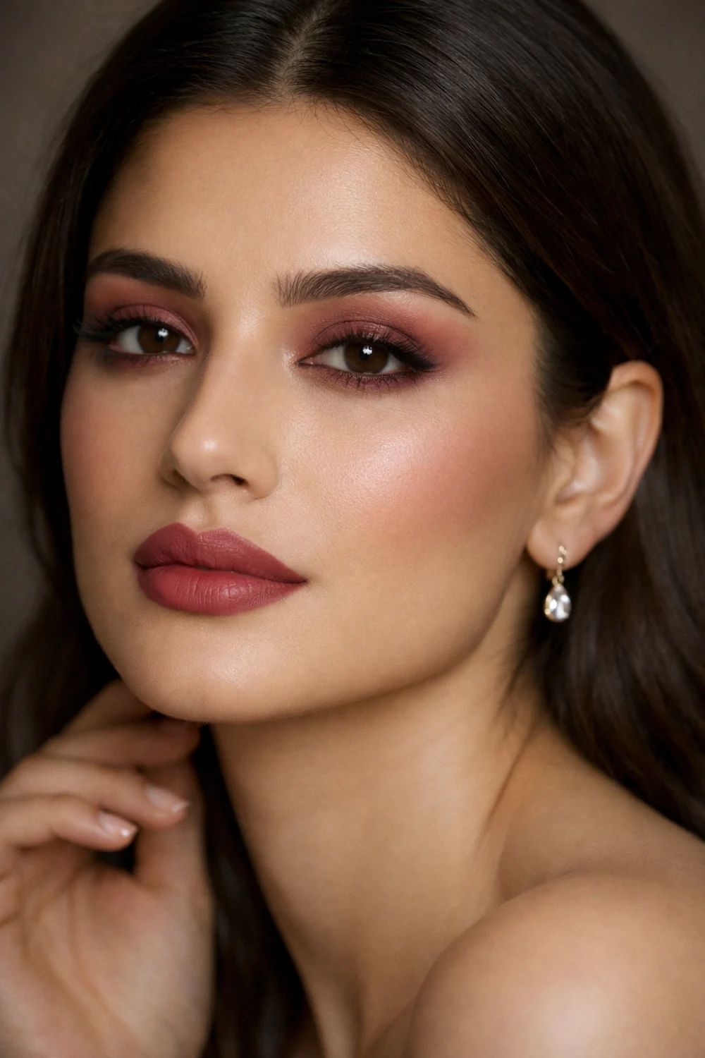 Rose mauve full glam makeup look with soft mauve eyeshadow, flutter lashes, precise liner, matte sculpted skin, and mauve nude lips