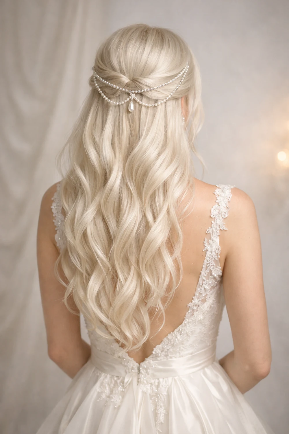 pearl draped half up half down wedding hairstyle with platinum waves