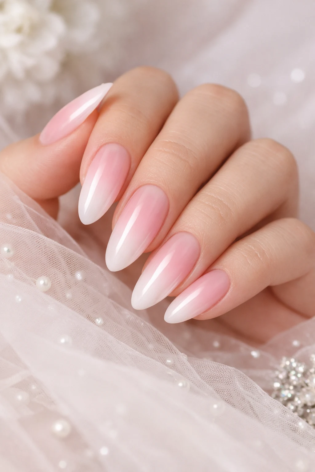 soft pink ombre almond gel nails bridal glossy gradient manicure