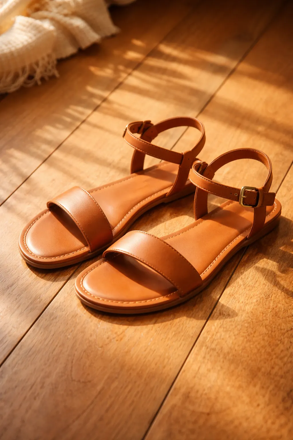 Classic tan flat girls sandal with ankle buckle and wide front strap for daily wear