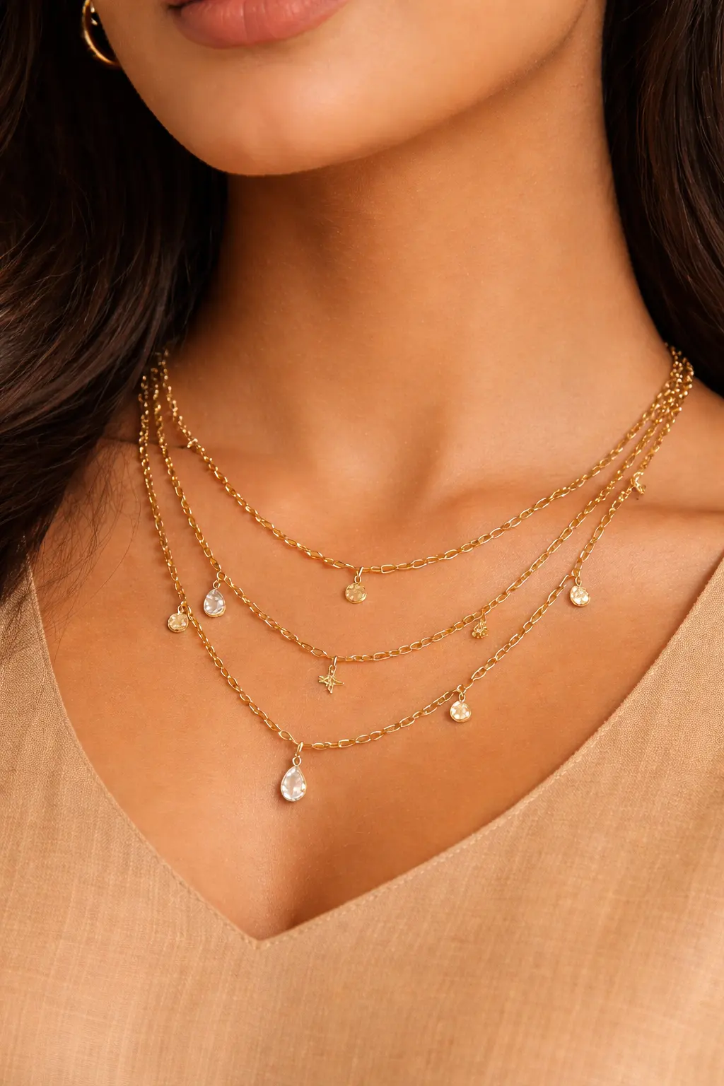 Minimal layered gold chain necklace design with delicate charm pendants