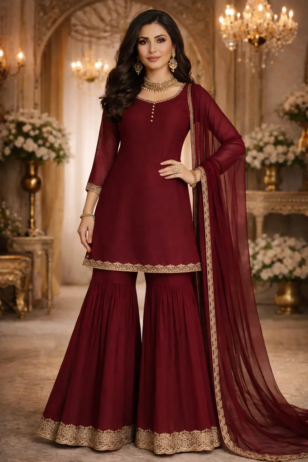Deep maroon classic sharara set with gold border
