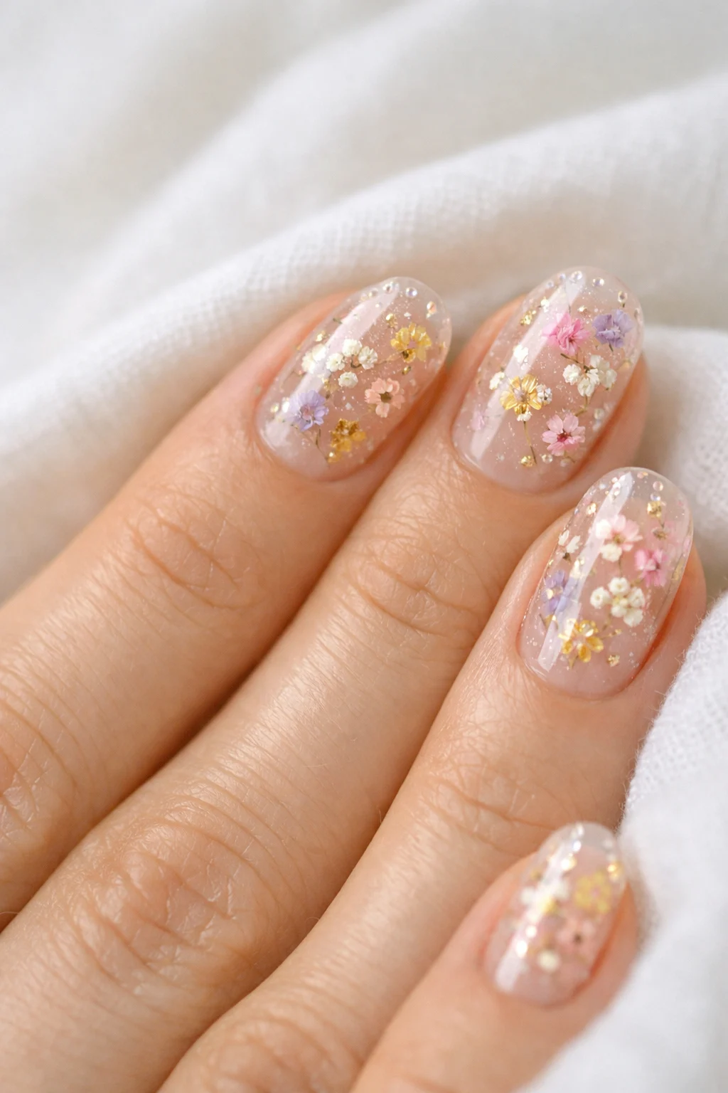 Soft pastel floral blooming gel nail art with tiny flowers shimmer nude base