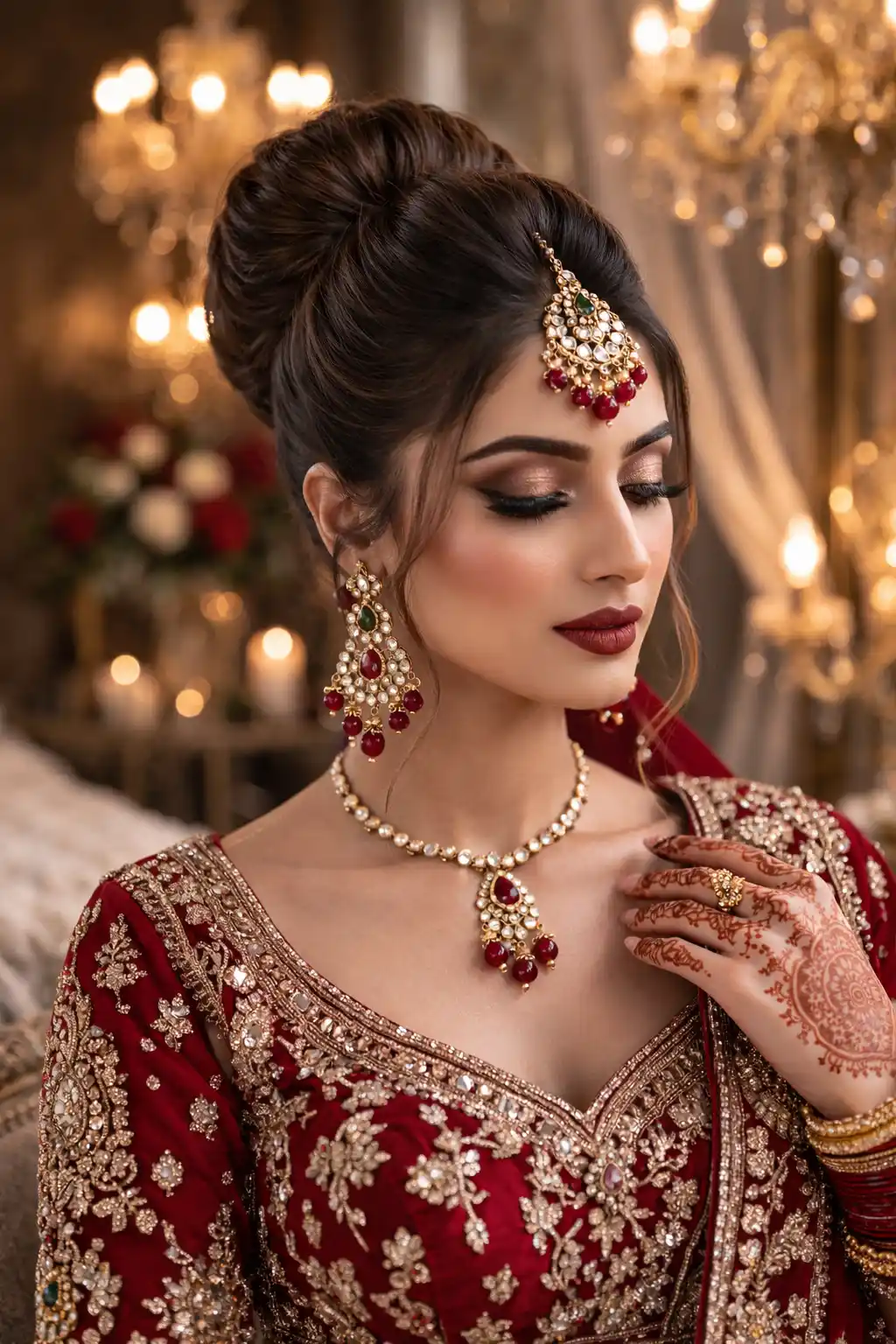 Bridal voluminous crown bun hairstyle with smooth lifted top section, softly tucked sides, and structured rounded bun at the back, styled for formal wedding ceremony