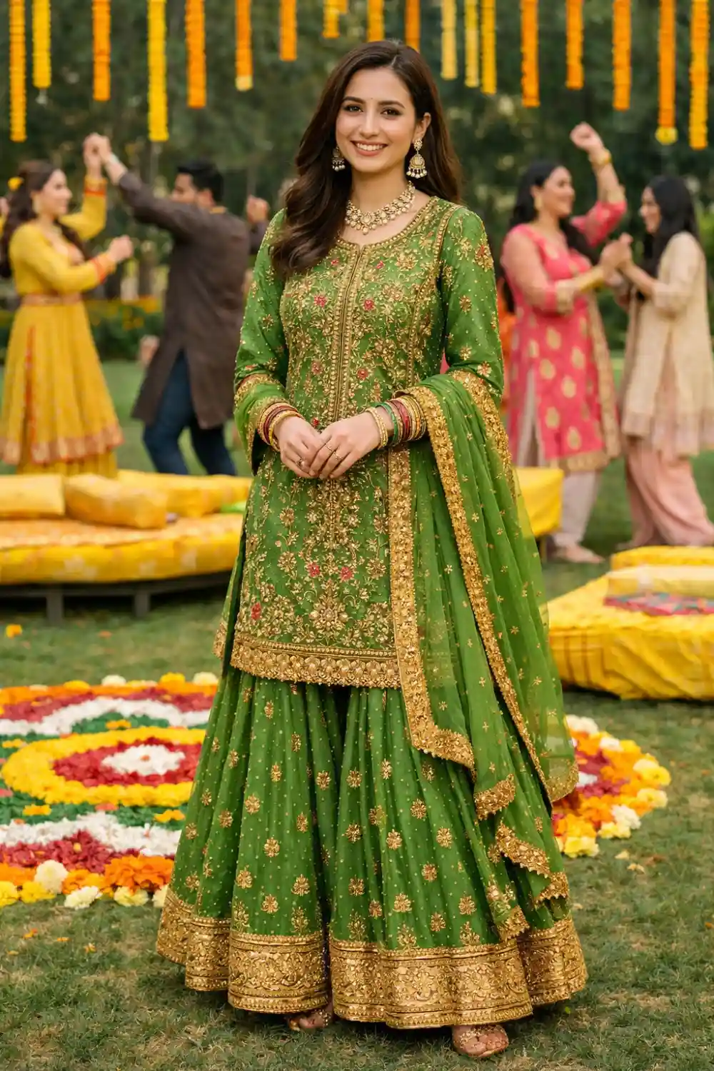 Emerald green bridal mehndi dress gharara set with heavy embroidery