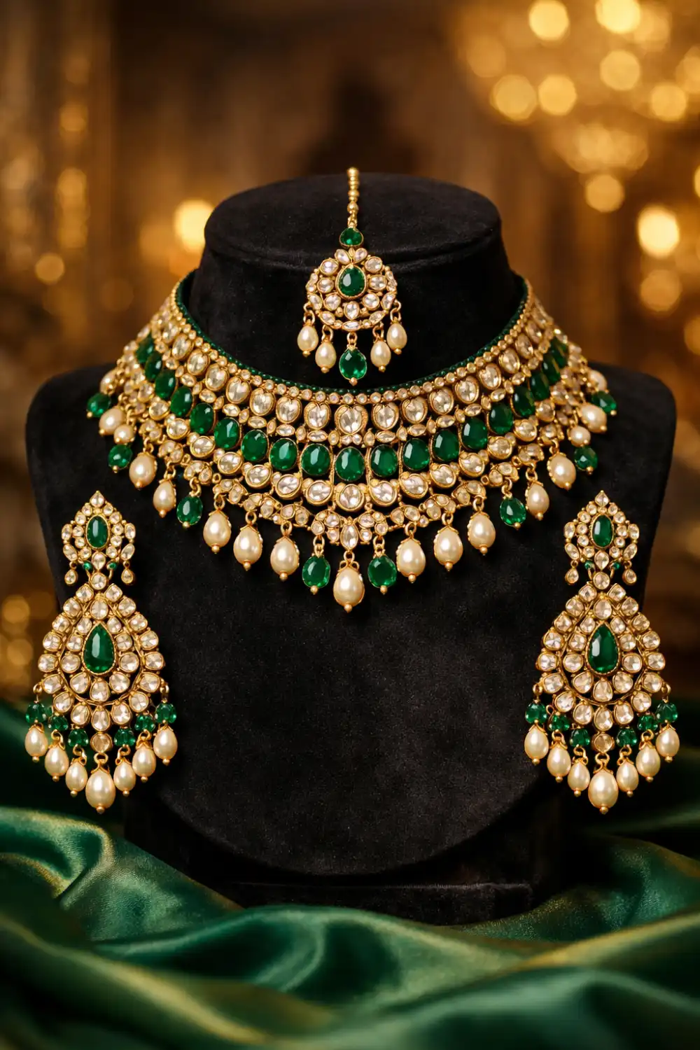 Emerald green kundan bridal mehndi jewelry set with pearl drops on black velvet stand