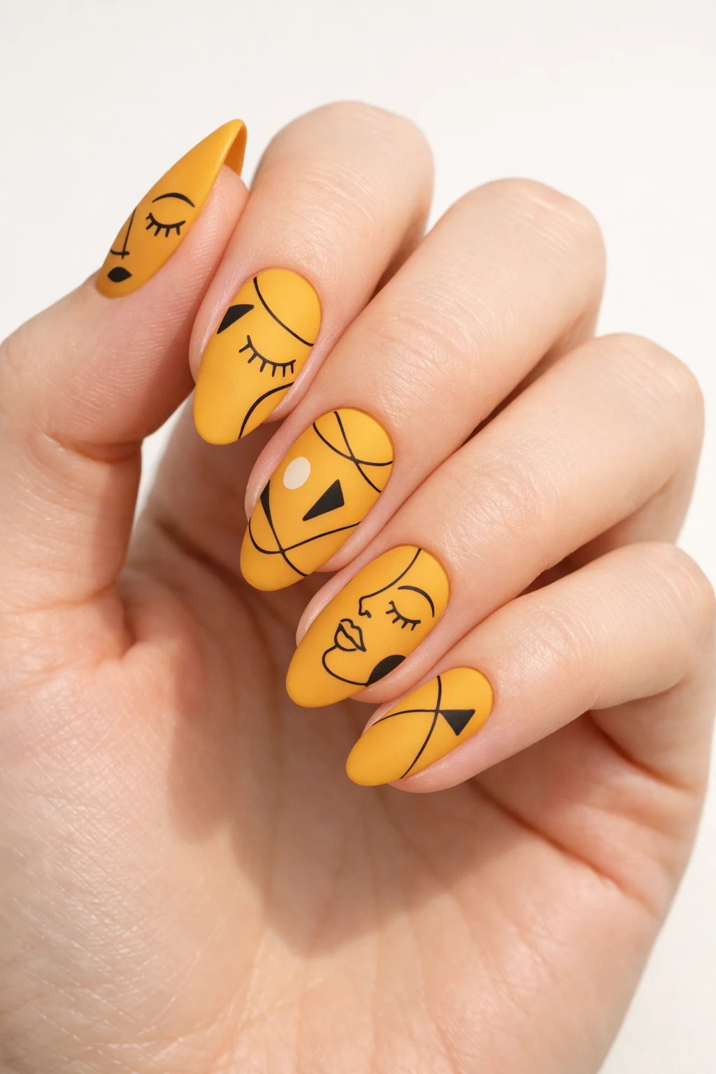 Mustard yellow nails with abstract face line art trendy artistic summer nail design with modern style