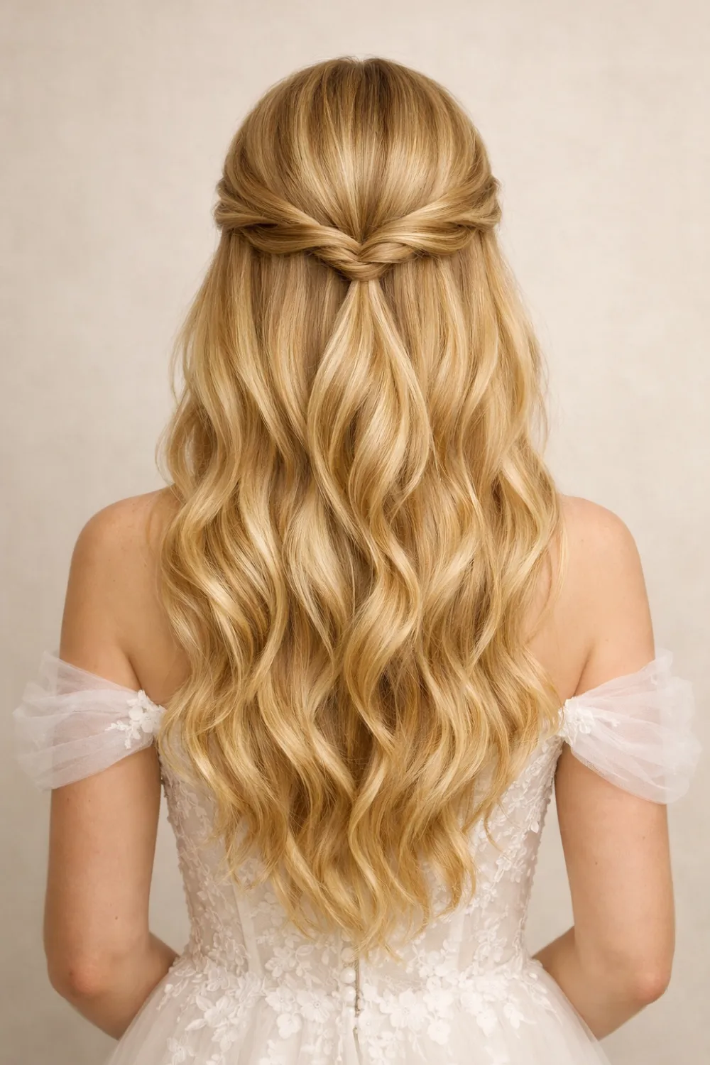 braided crown half up half down wedding hairstyle back view