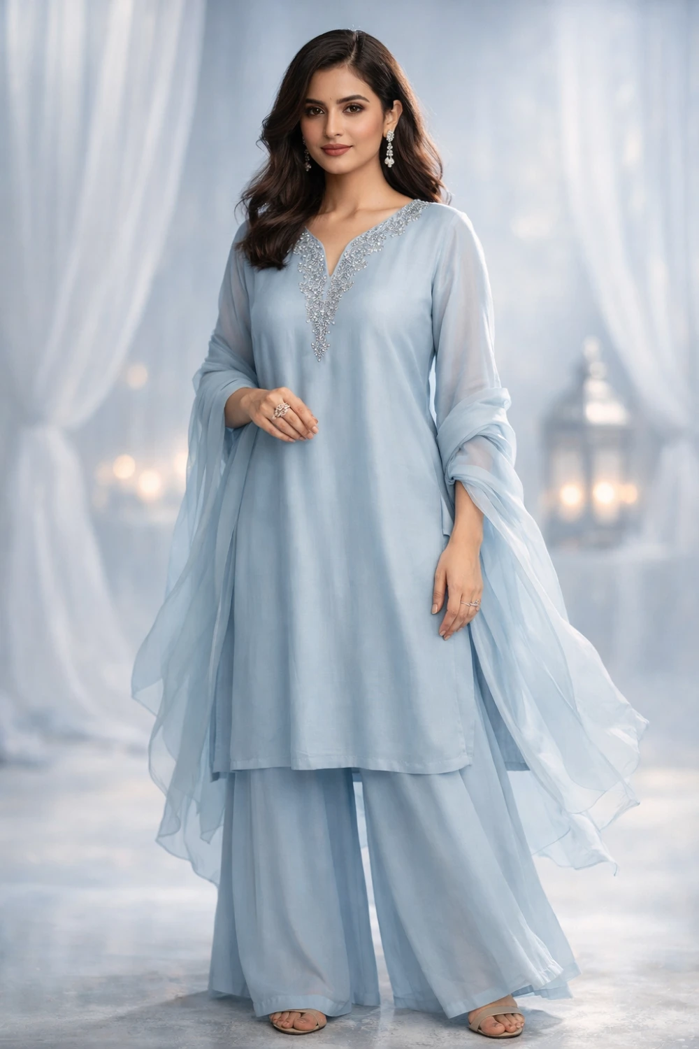 Ice blue minimalist Eid suit for women with soft chiffon dupatta and wide pants, modern Pakistani pastel festive outfit