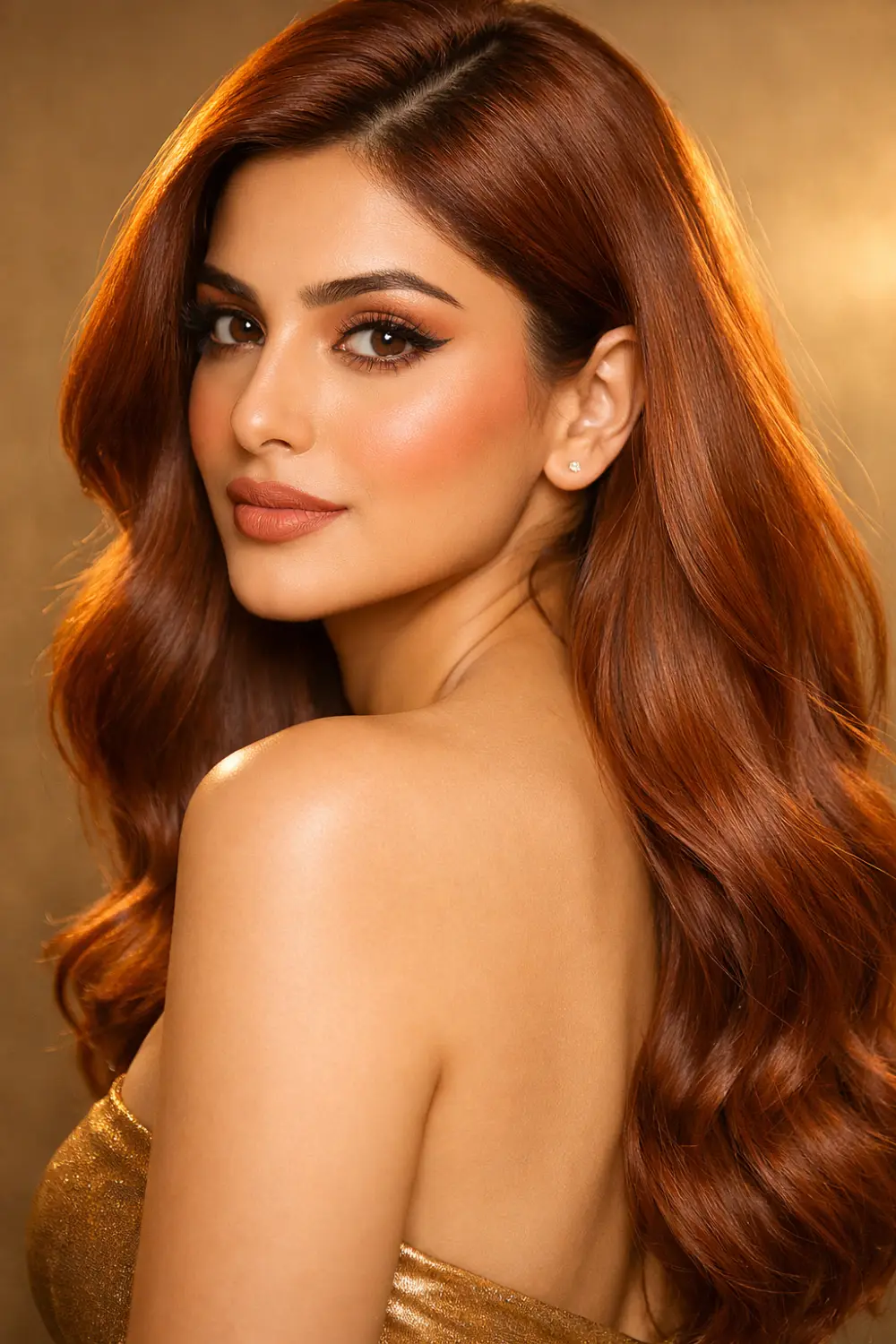 warm copper hair color Pakistani model long flowing waves vibrant red tone