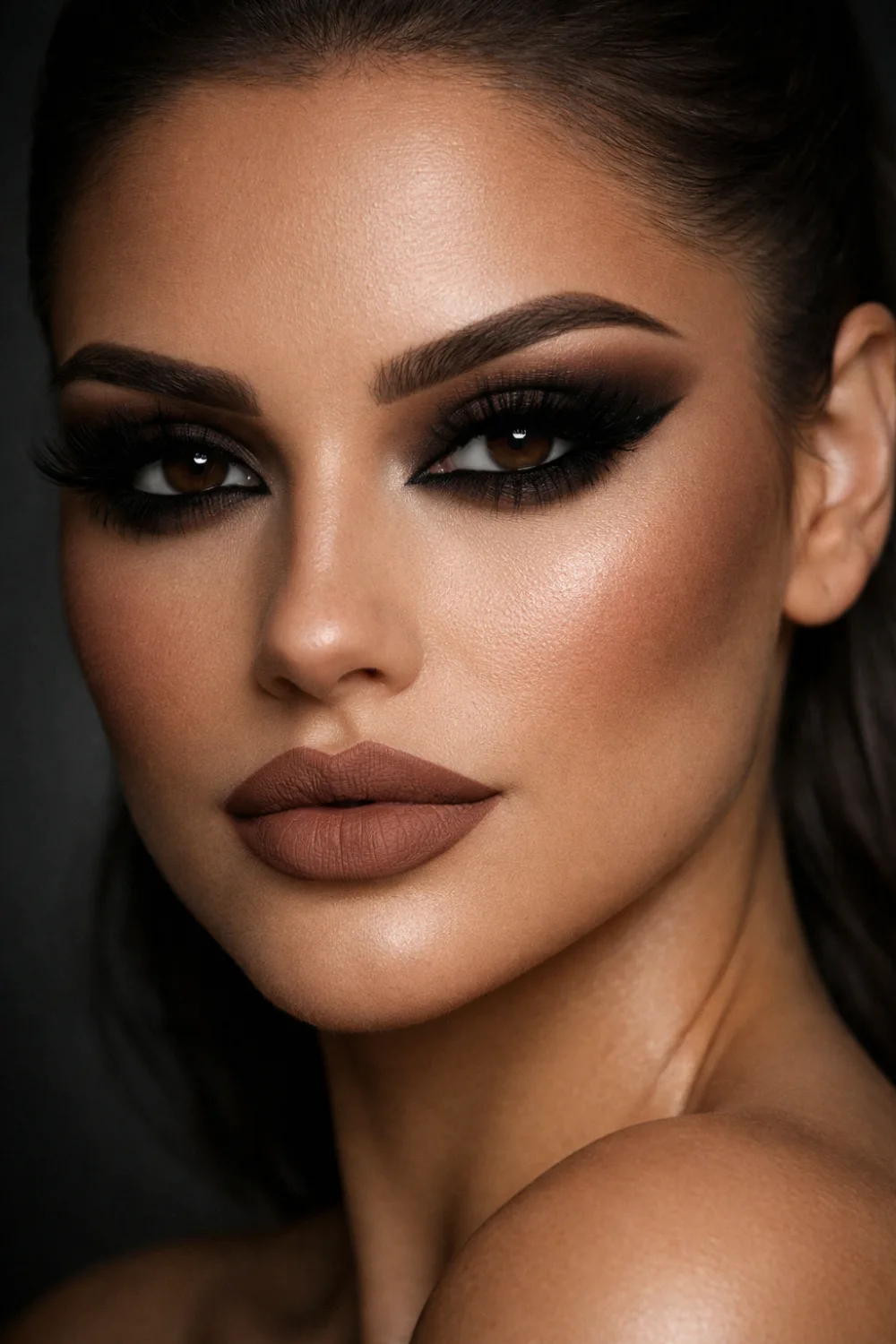 Deep chocolate brown full glam makeup look with rich smokey eyeshadow, dramatic volume lashes, sharp black wing liner, contoured matte skin, and nude brown lips for formal evening glam