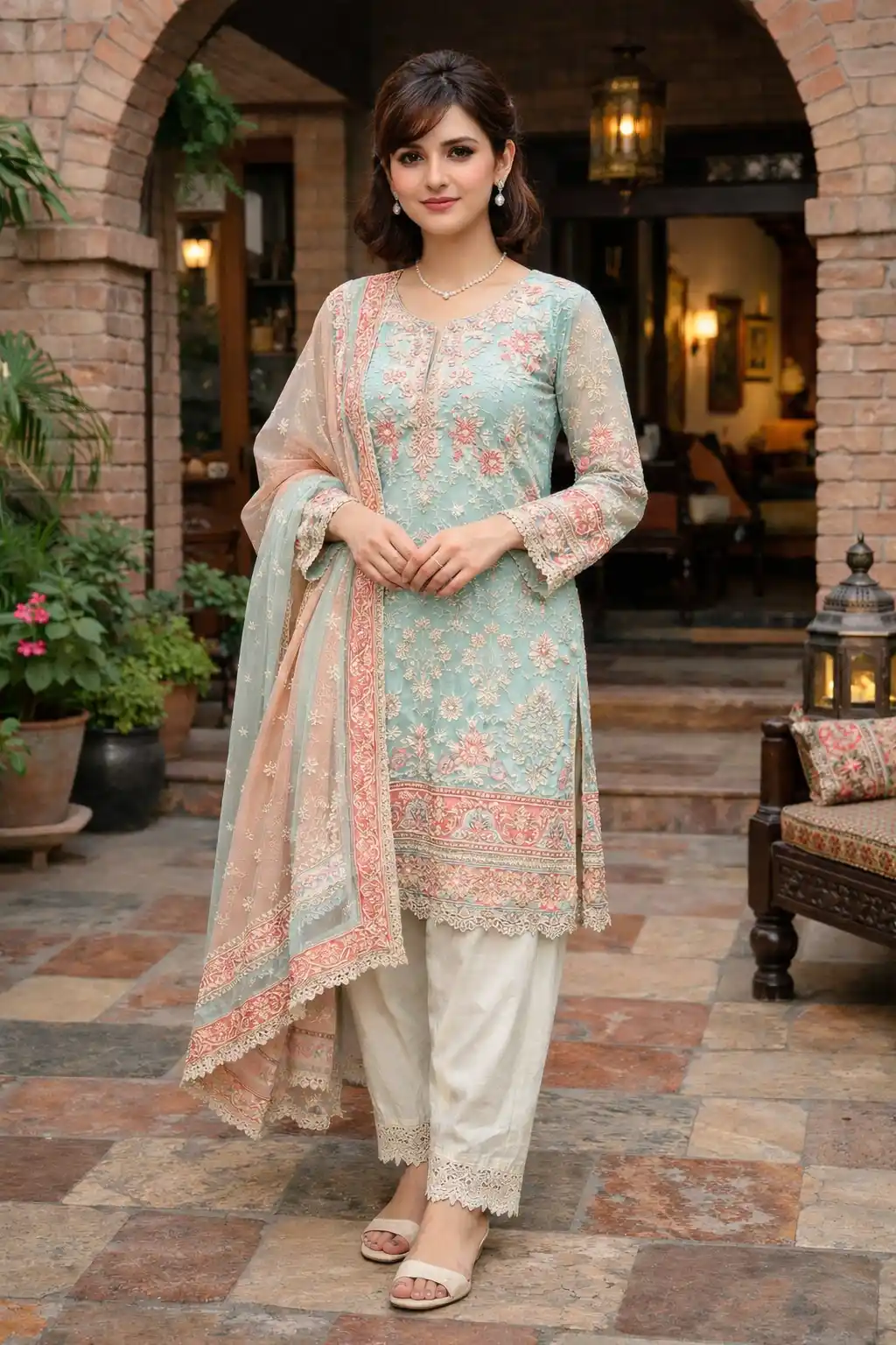 Pastel aqua embroidered lawn suit with soft peach dupatta casual festive Eid dress for girls