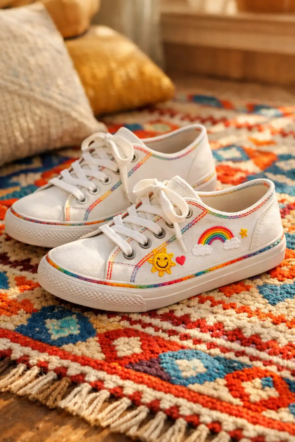 white canvas girls sneakers with rainbow sun heart patches colorful cute playful design indoor rug