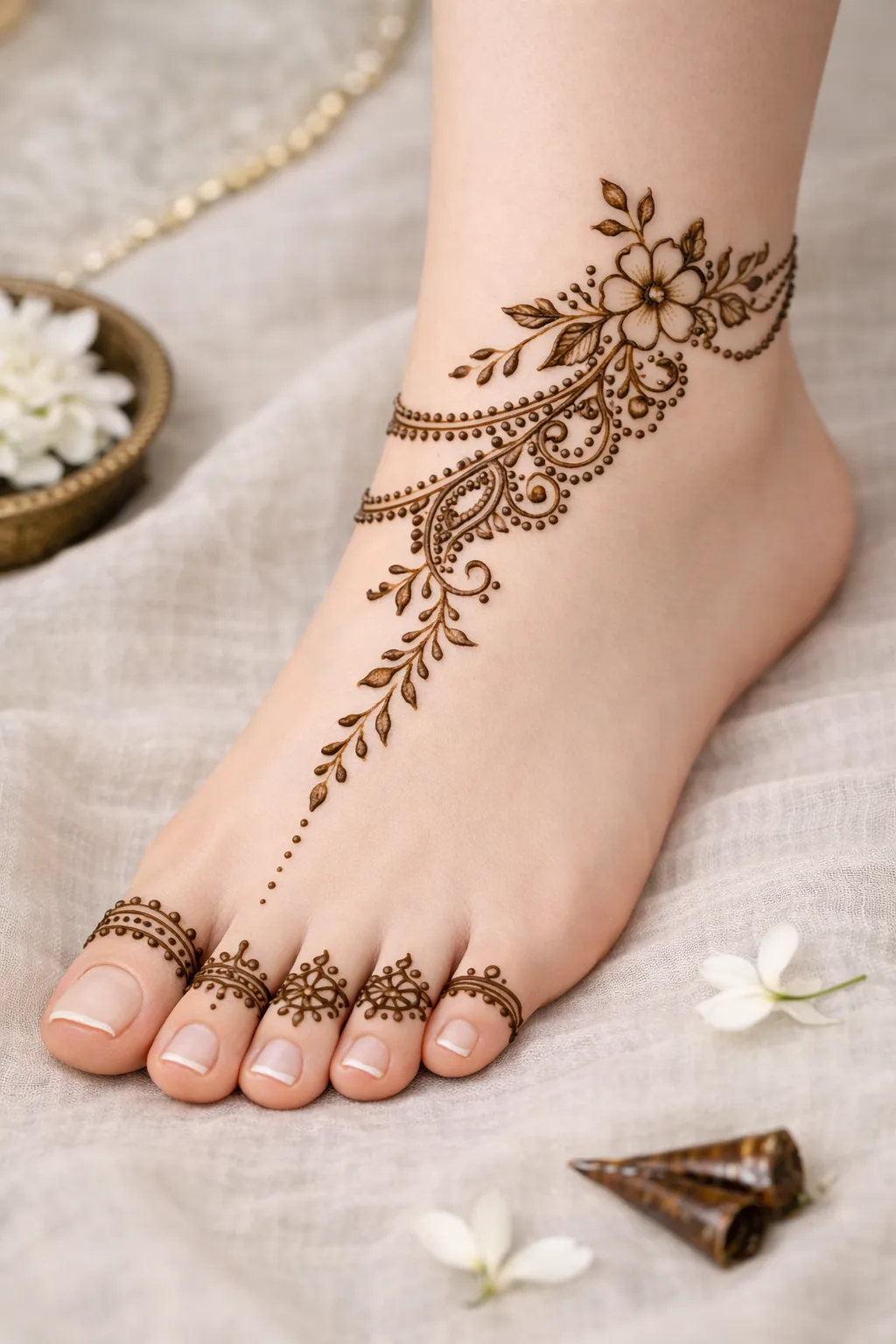 Floral chain foot mehndi design with toe ring details