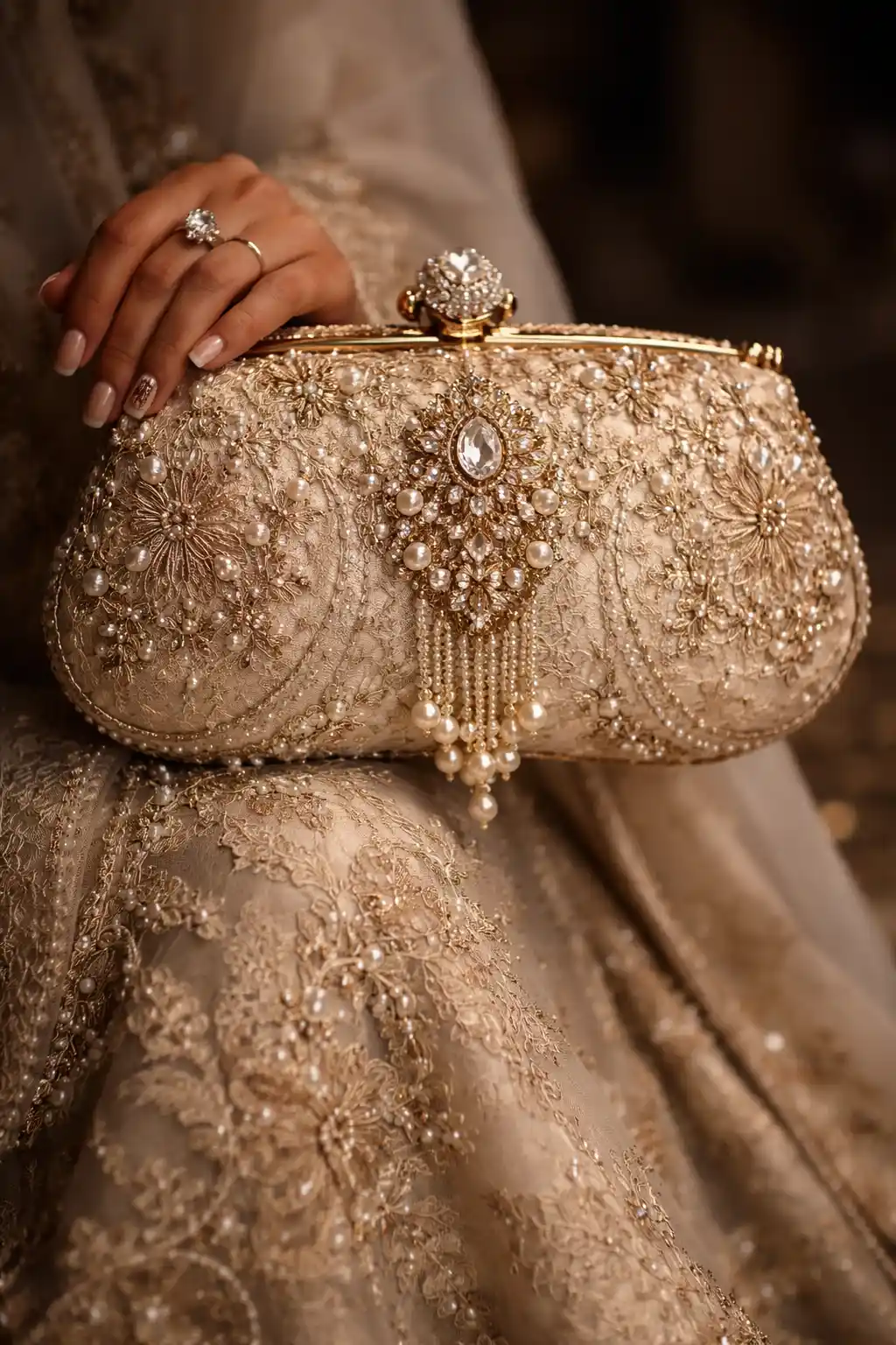 Champagne crystal embroidered bridal box clutch with pearl tassels and heavy wedding embellishments luxury bridal purse
