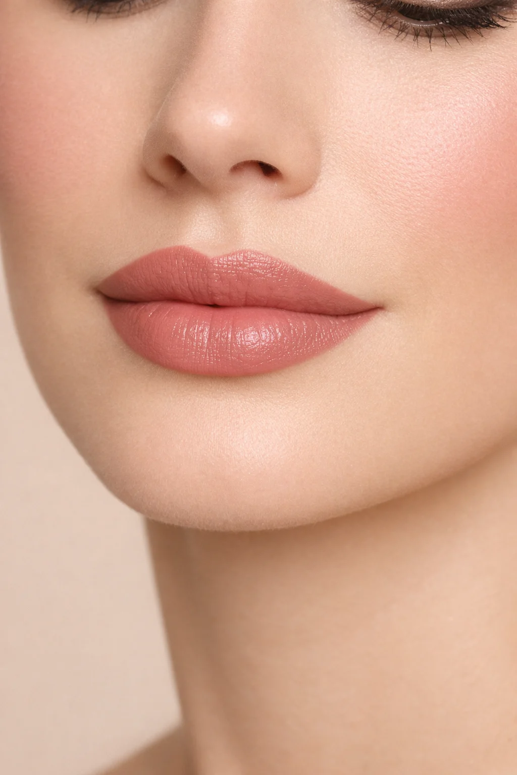 soft rose beige nude lipstick on neutral skin tone with smooth satin finish