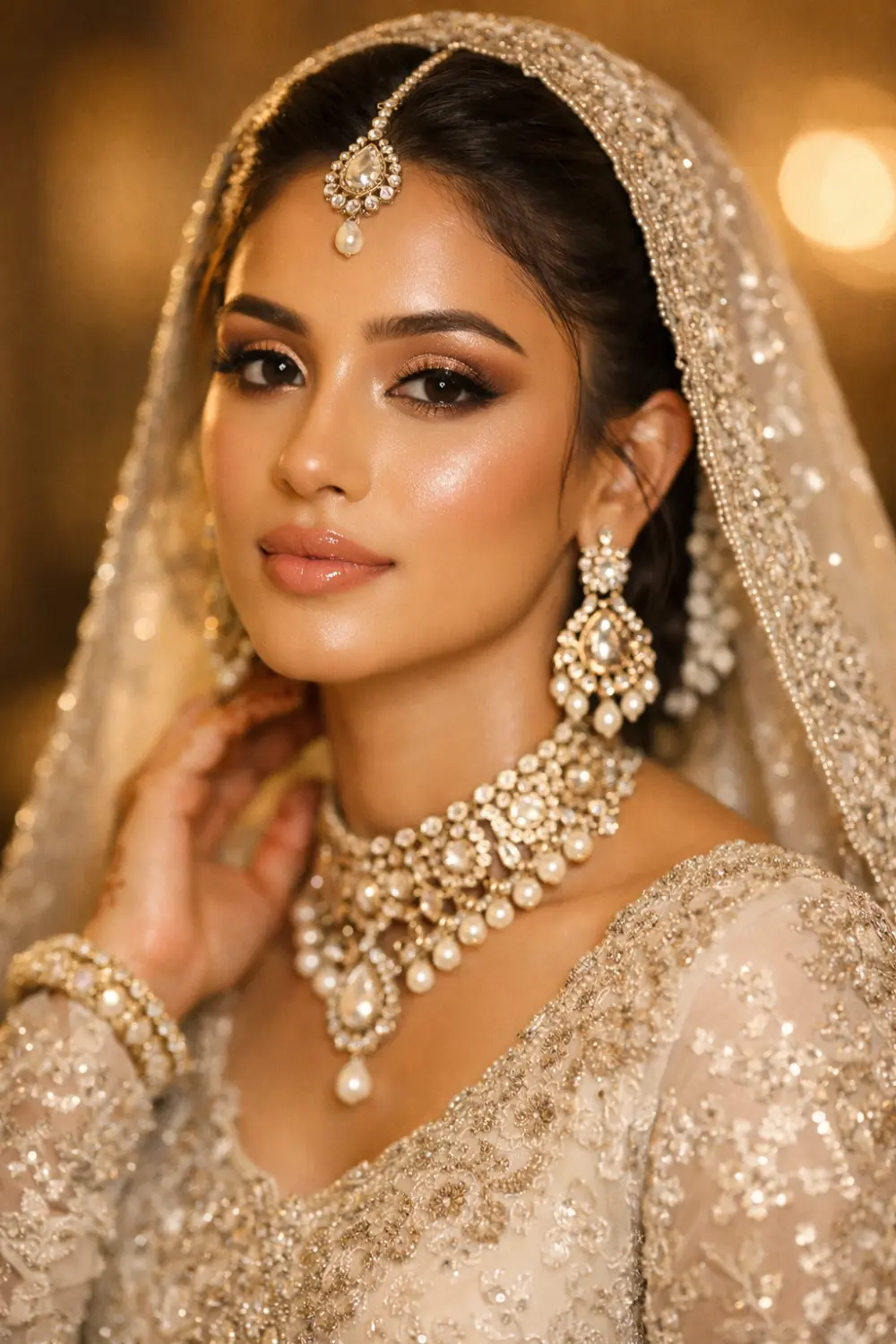 royal golden glow bridal makeup look with warm shimmer eyes