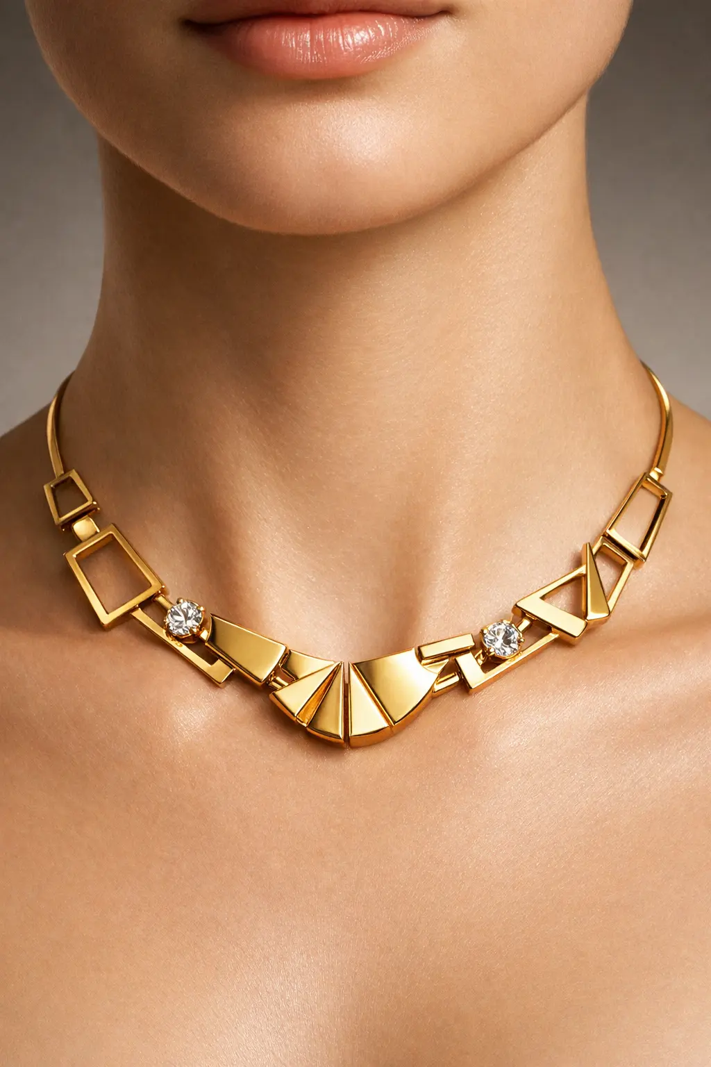 Modern geometric gold statement necklace design with crystal accents